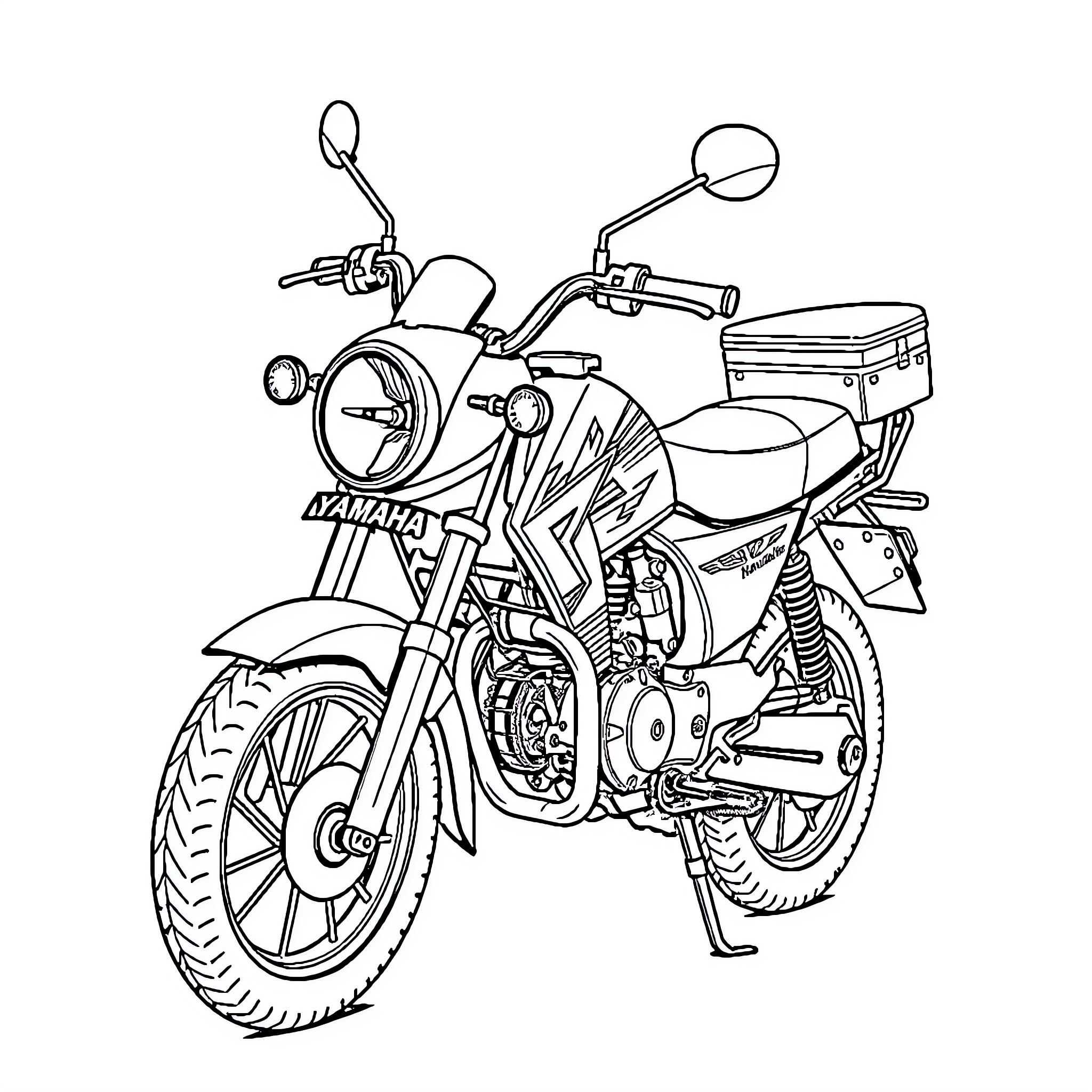 Yamaha Motorcycle With Detailed Illustration Coloring Page (free black-and-white line drawing printable PDF for all, from beginners to advanced learners, including children, teens, adults, and seniors)