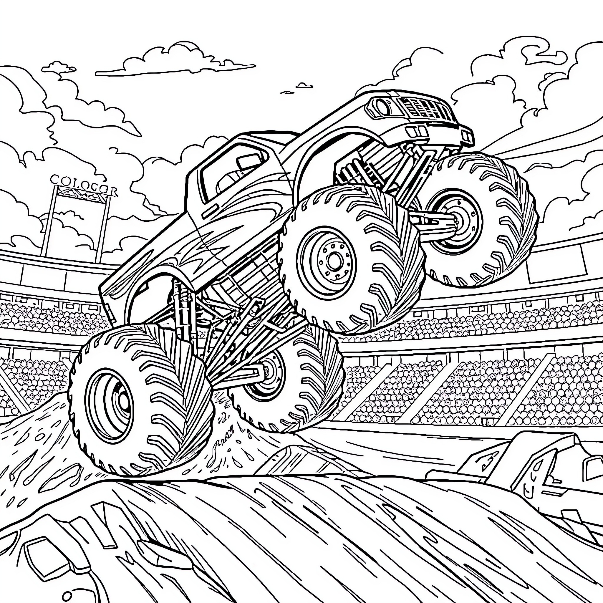 Monster truck performing impressive stunt in arena Coloring Page (free black-and-white line drawing printable PDF for all, from beginners to advanced learners, including children, teens, adults, and seniors)