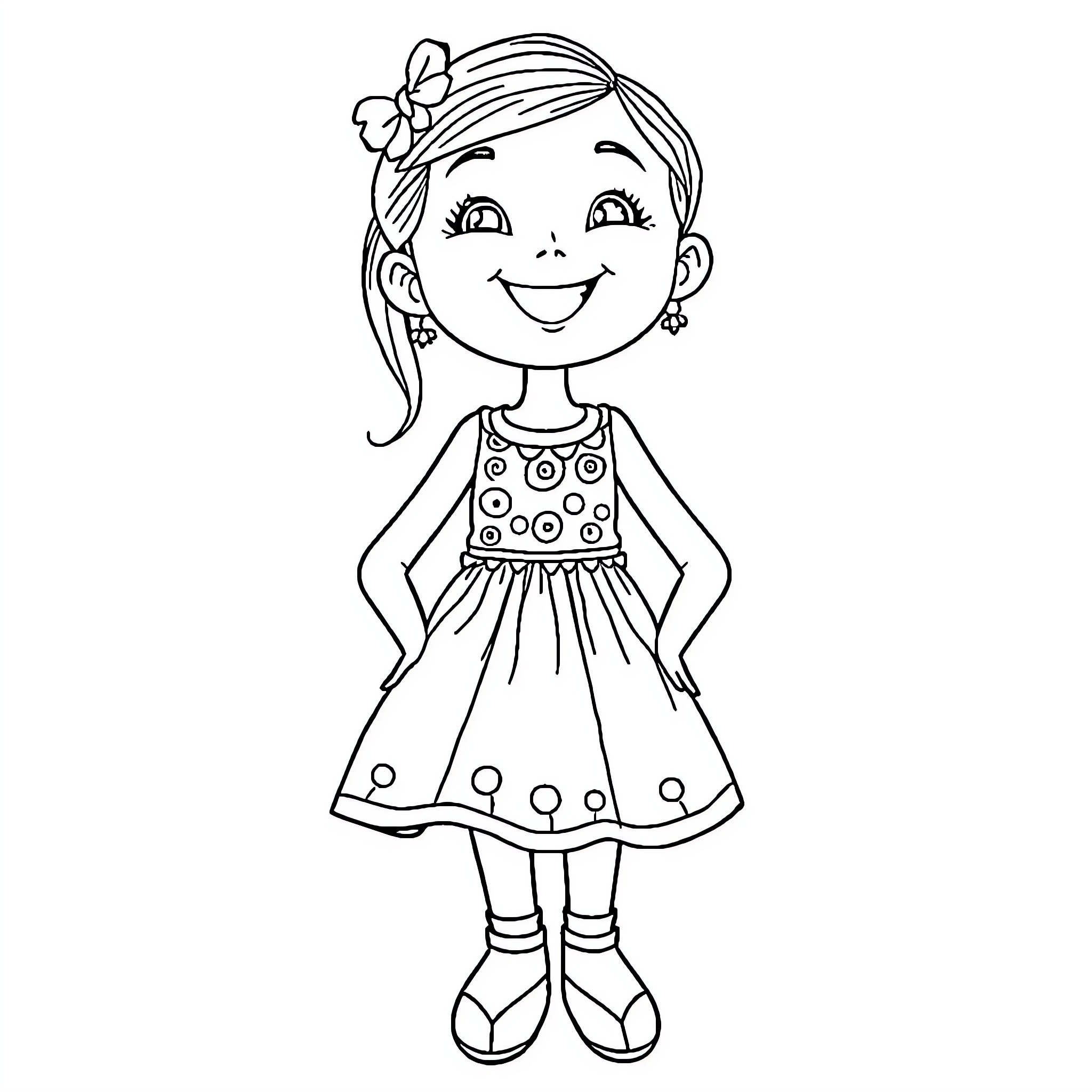 Luli's Joyful Polka Dot Dress Coloring Page (free black-and-white line drawing printable PDF for all, from beginners to advanced learners, including children, teens, adults, and seniors)