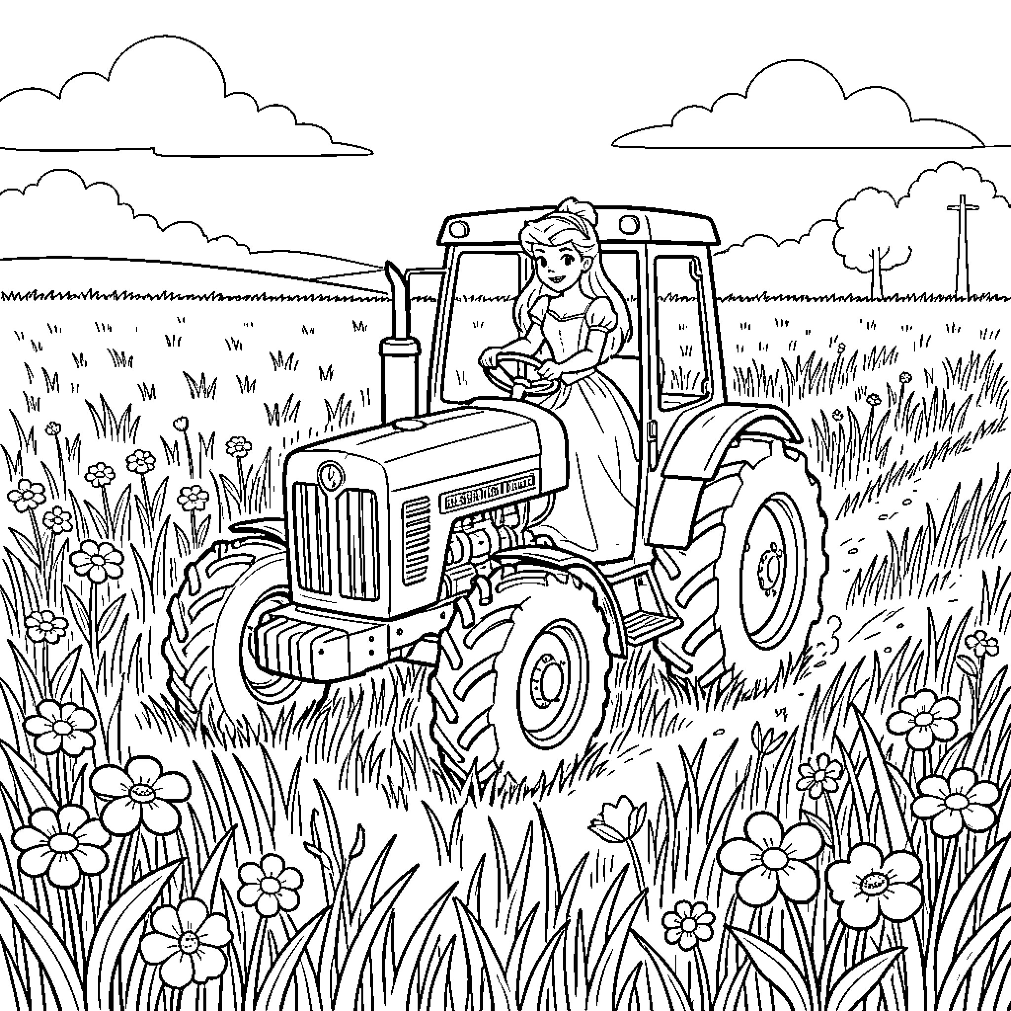 Princess driving a tractor through a flowery field Coloring Page (free black-and-white line drawing printable PDF for all, from beginners to advanced learners, including children, teens, adults, and seniors)