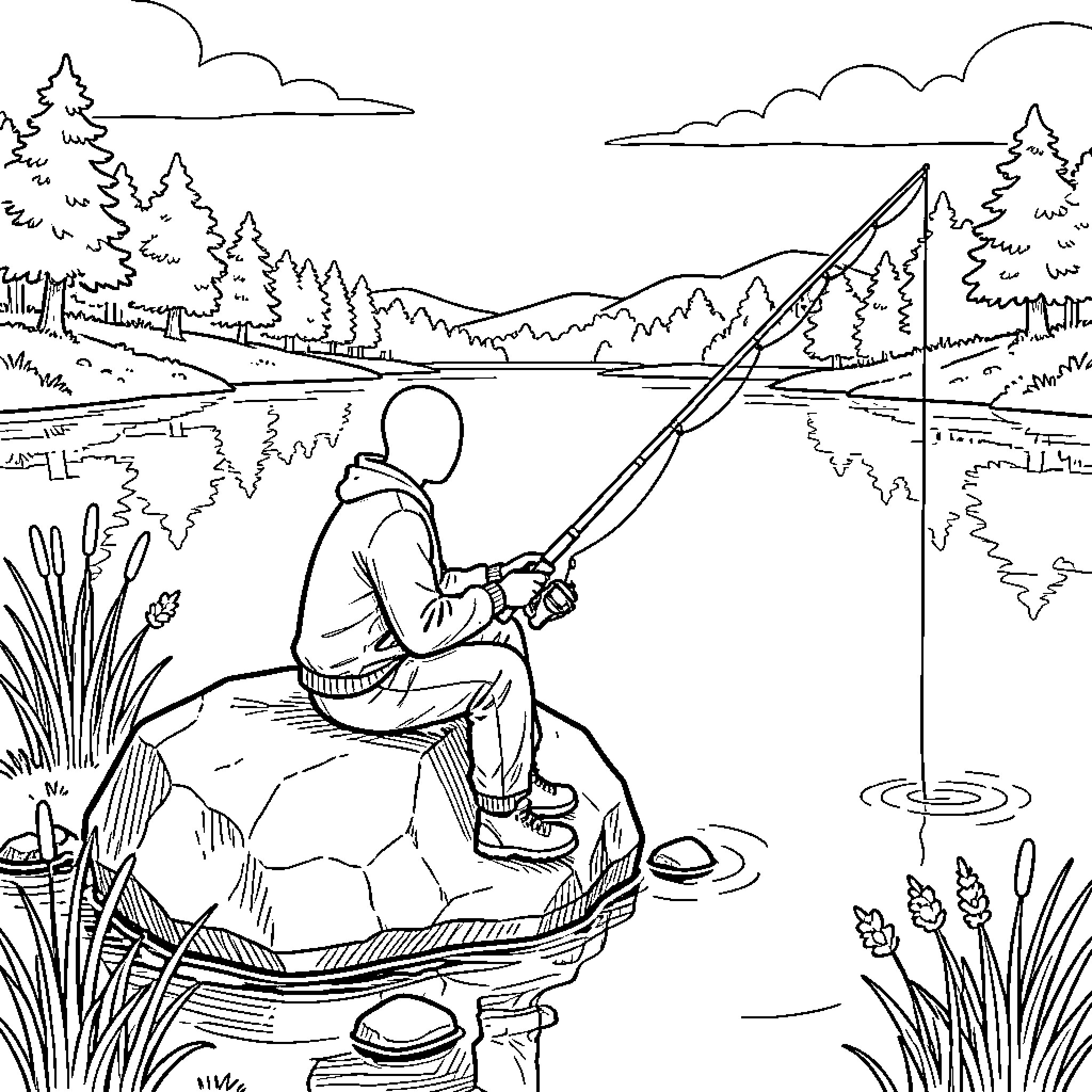Fisher relaxing and fishing by the tranquil lake Coloring Page (free black-and-white line drawing printable PDF for all, from beginners to advanced learners, including children, teens, adults, and seniors)