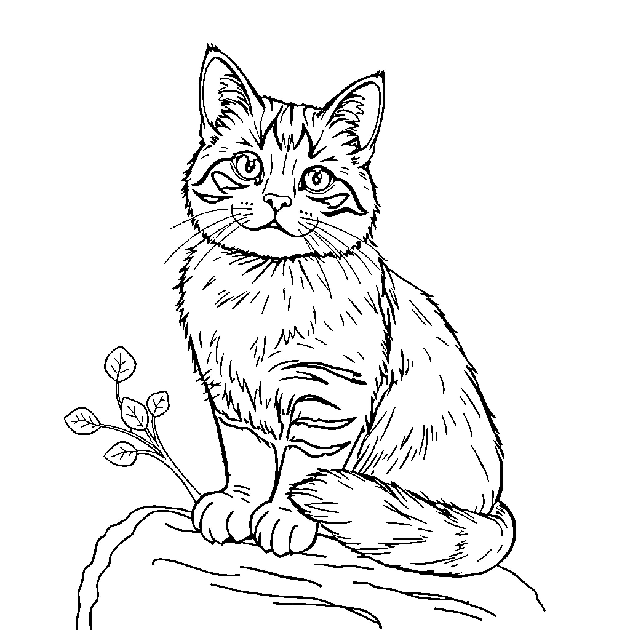 Frog-like cat exploring its natural habitat Coloring Page (free black-and-white line drawing printable PDF for all, from beginners to advanced learners, including children, teens, adults, and seniors)
