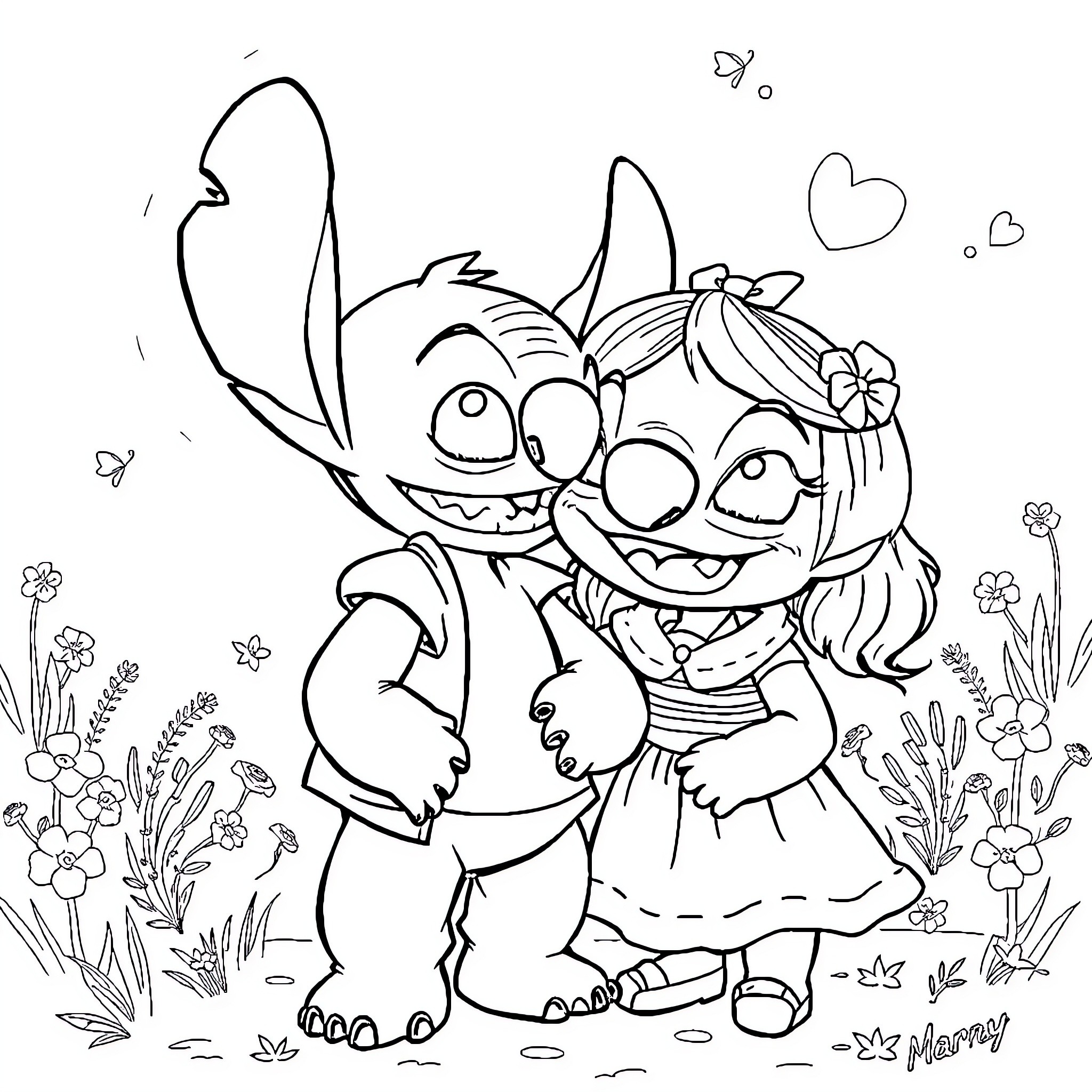 Stitch and Lilo sharing a hug in a floral field Coloring Page (free black-and-white line drawing printable PDF for all, from beginners to advanced learners, including children, teens, adults, and seniors)