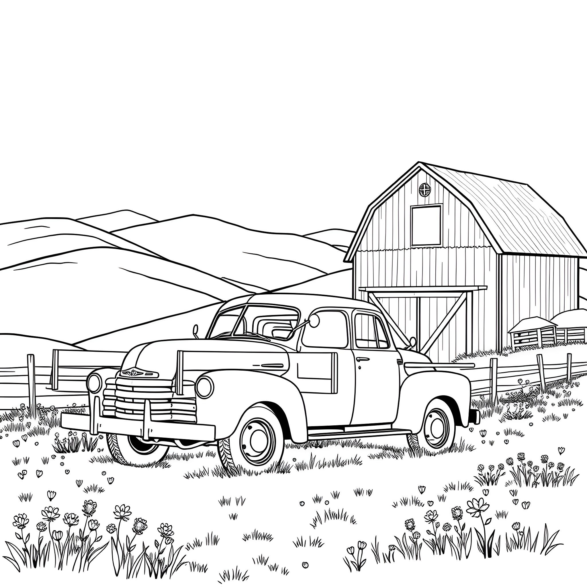 Flatbed truck in rural countryside with barn Coloring Page (free black-and-white line drawing printable PDF for all, from beginners to advanced learners, including children, teens, adults, and seniors)