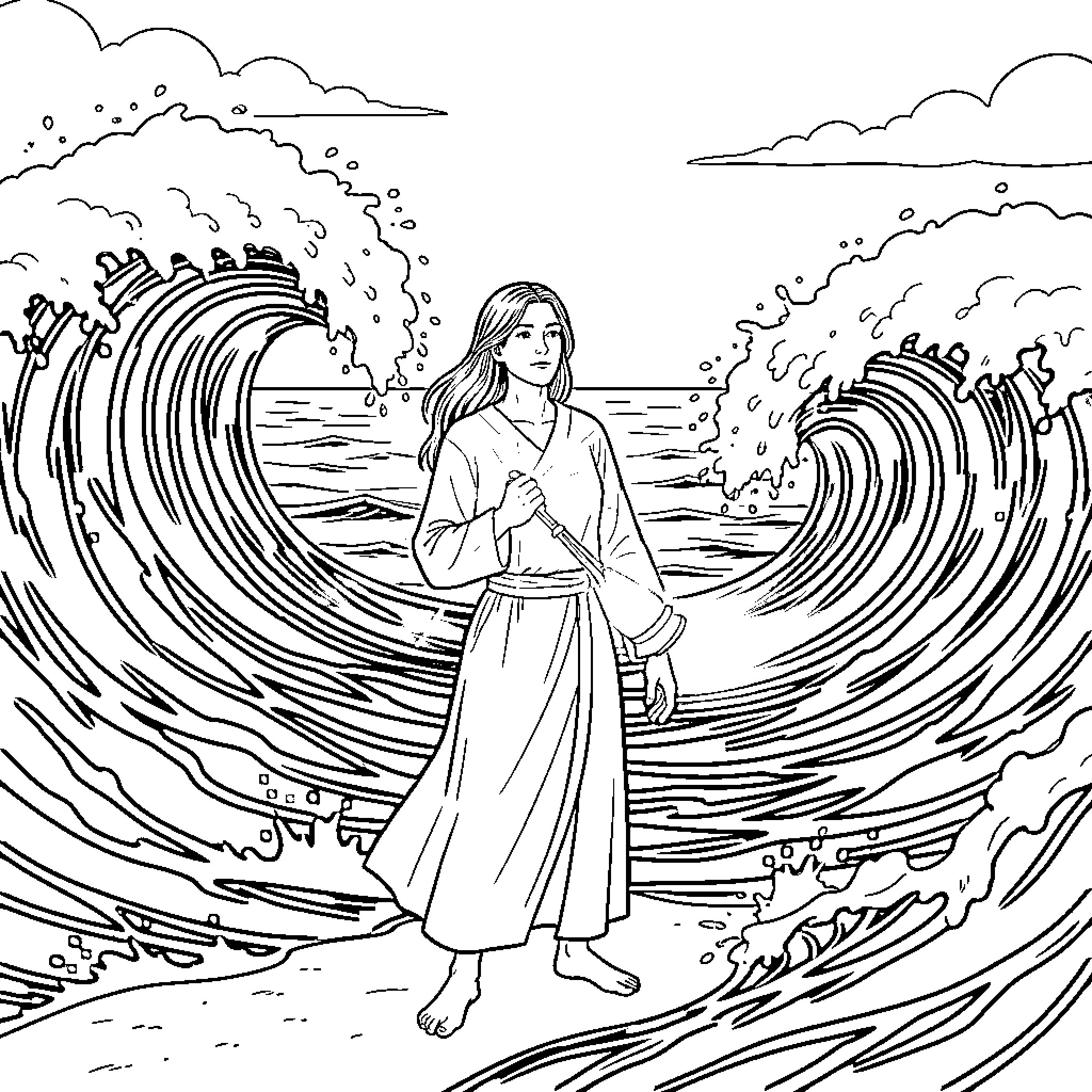 Persona standing calmly before large ocean waves Coloring Page (free black-and-white line drawing printable PDF for all, from beginners to advanced learners, including children, teens, adults, and seniors)