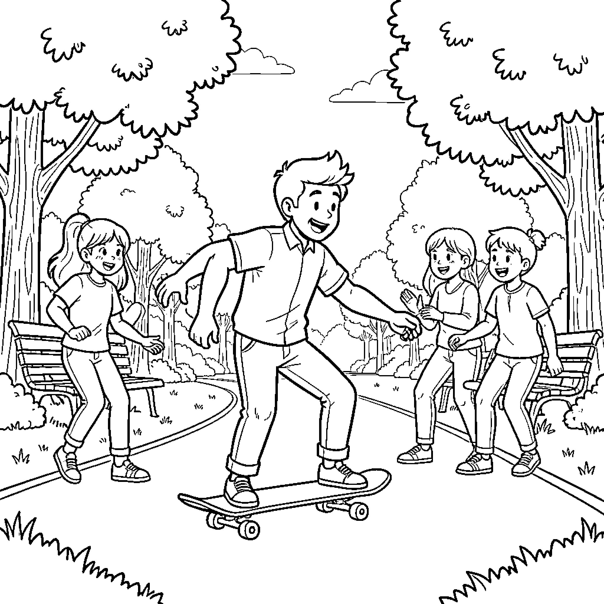 Marcus skateboarding while interacting with friends in the park Coloring Page (free black-and-white line drawing printable PDF for all, from beginners to advanced learners, including children, teens, adults, and seniors)