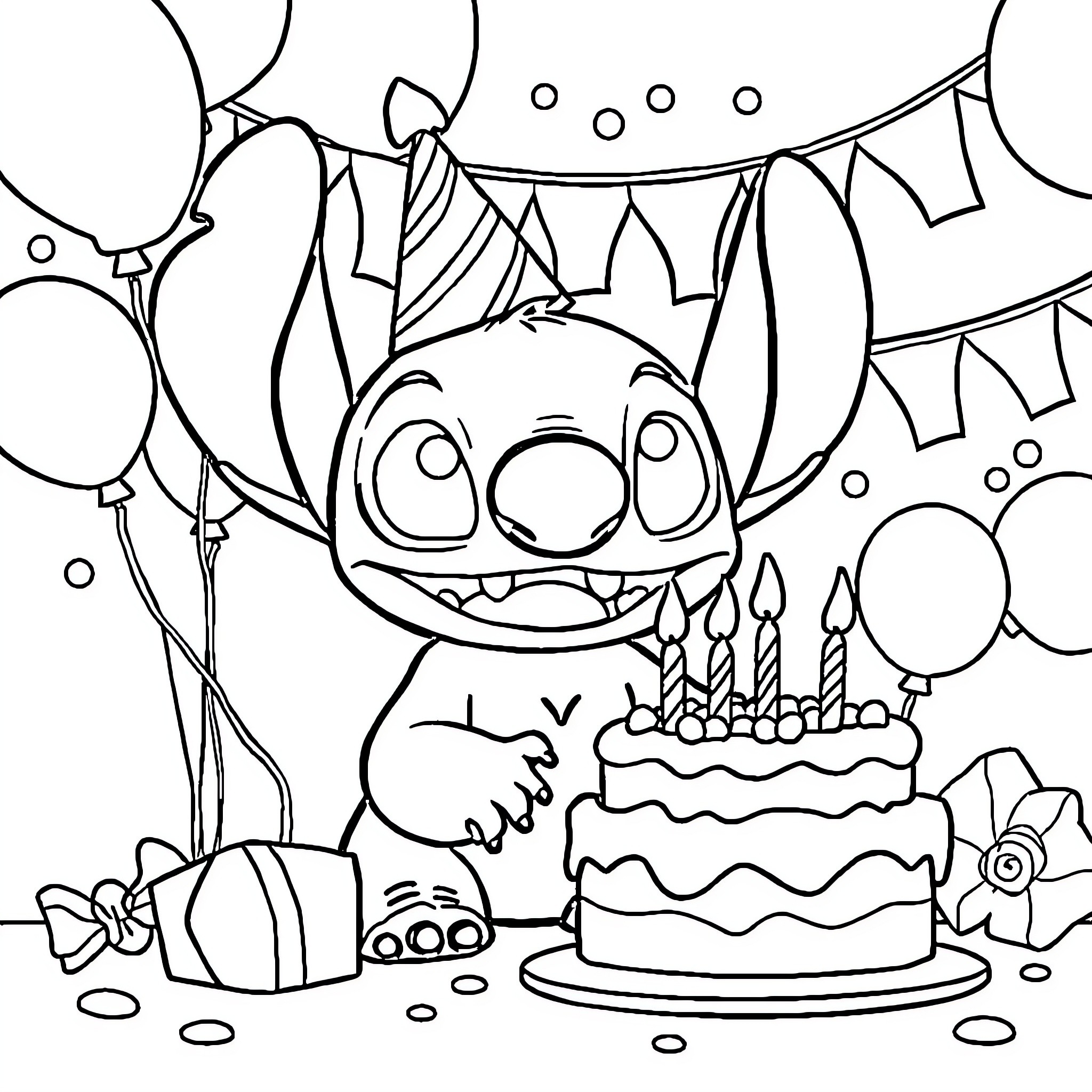 Stitch celebrates birthday with cake and balloons Coloring Page (free black-and-white line drawing printable PDF for all, from beginners to advanced learners, including children, teens, adults, and seniors)