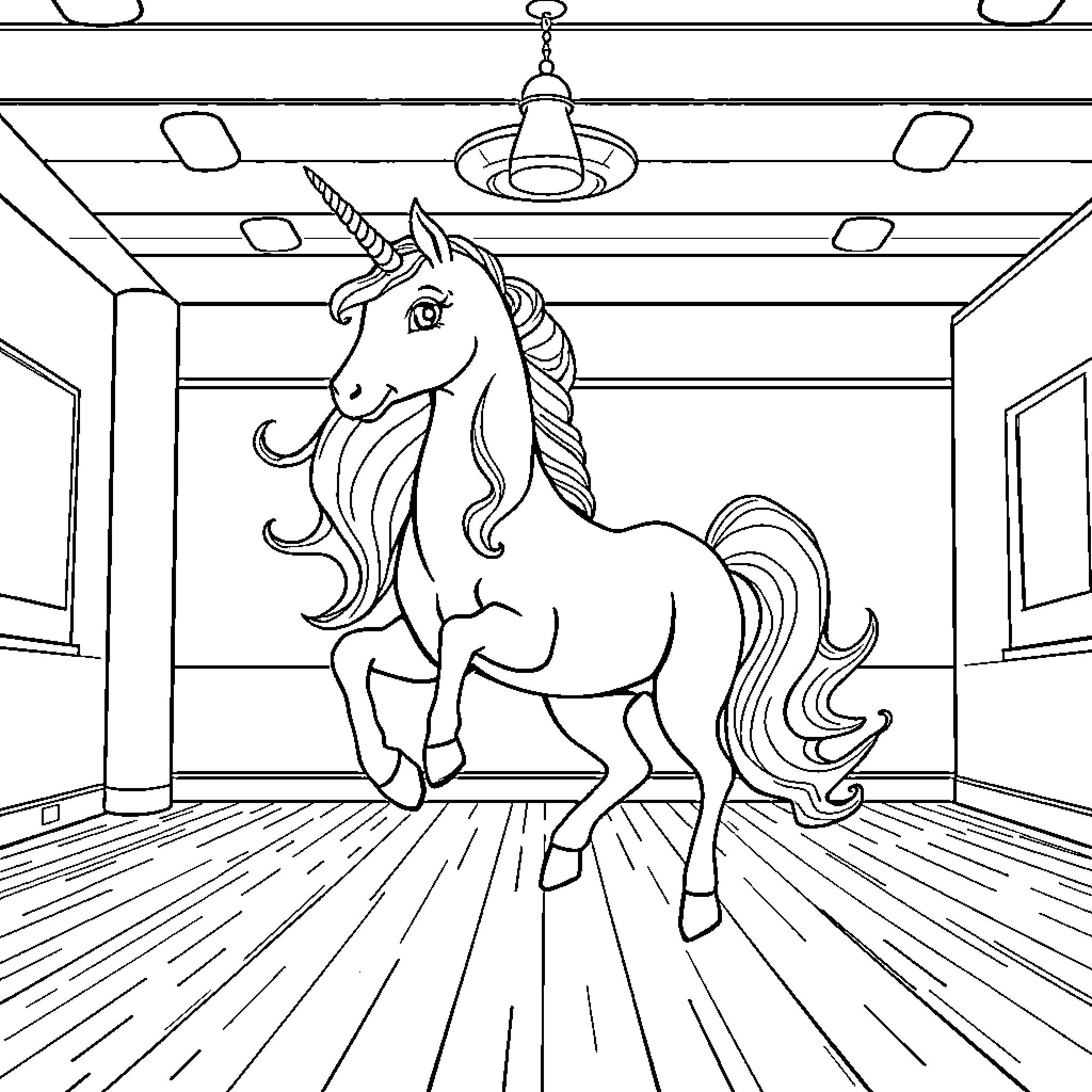 Unicorn standing proudly in a grand hall Coloring Page (free black-and-white line drawing printable PDF for all, from beginners to advanced learners, including children, teens, adults, and seniors)