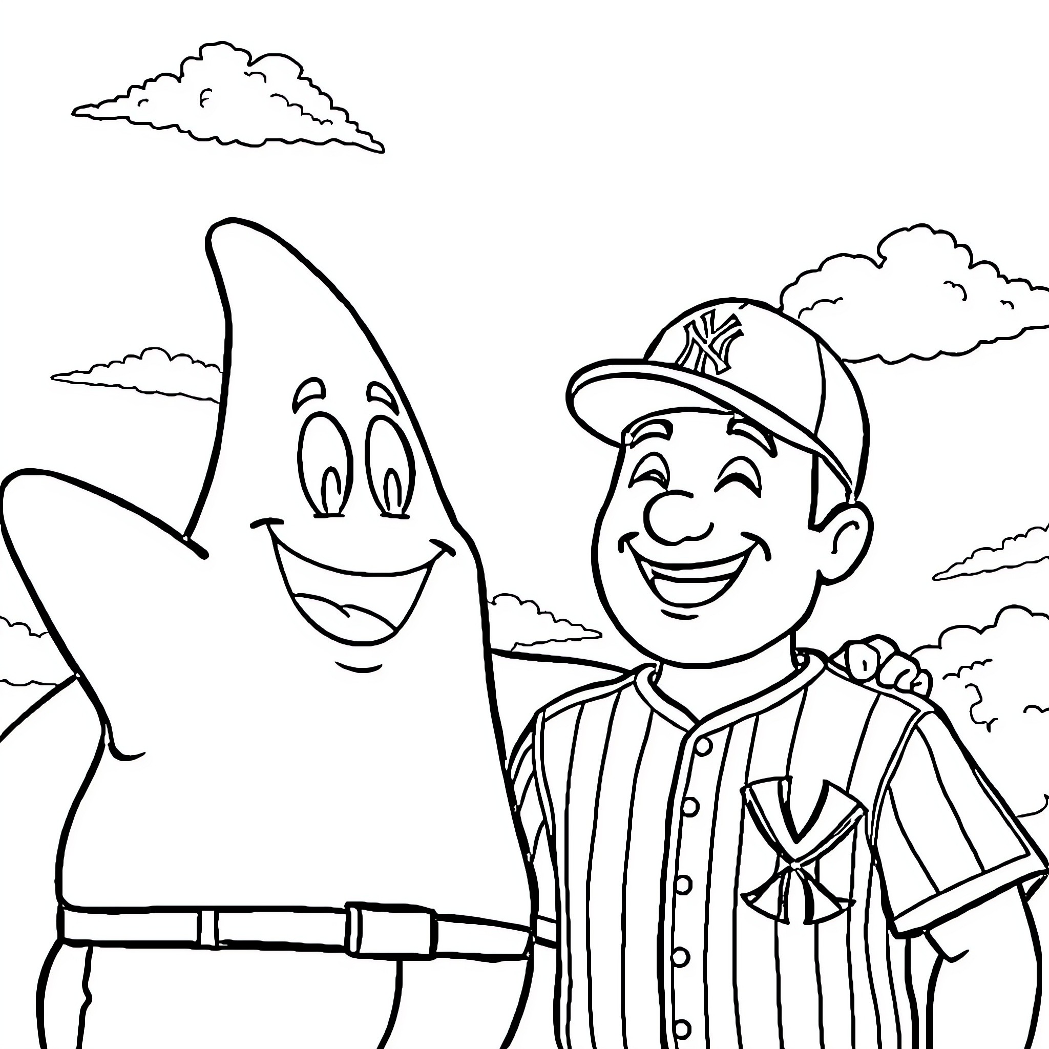 Patrick Star and Fireman Playing Together Coloring Page (free black-and-white line drawing printable PDF for all, from beginners to advanced learners, including children, teens, adults, and seniors)