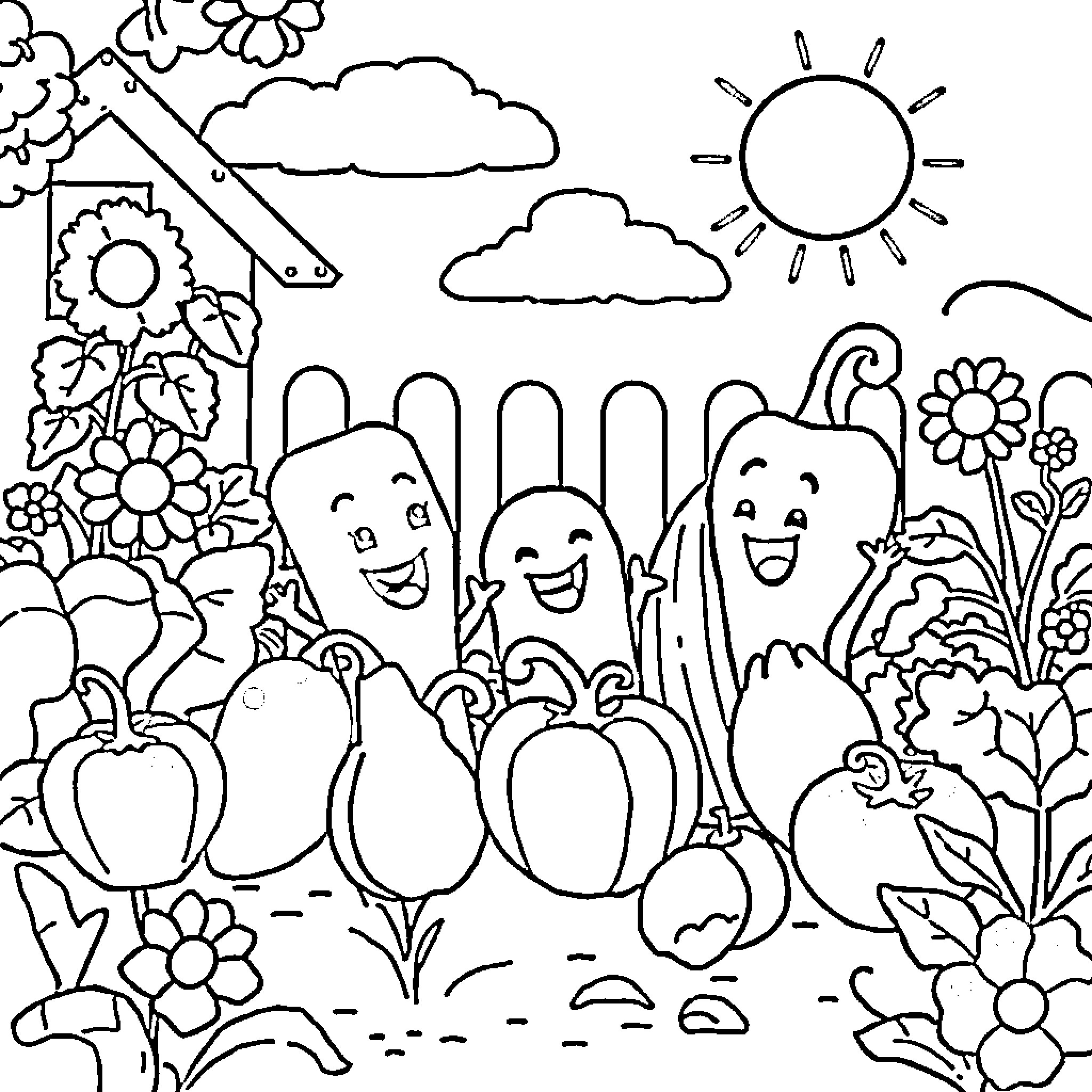 Vegetable Characters Happily Surrounded by Nature Coloring Page (free black-and-white line drawing printable PDF for all, from beginners to advanced learners, including children, teens, adults, and seniors)