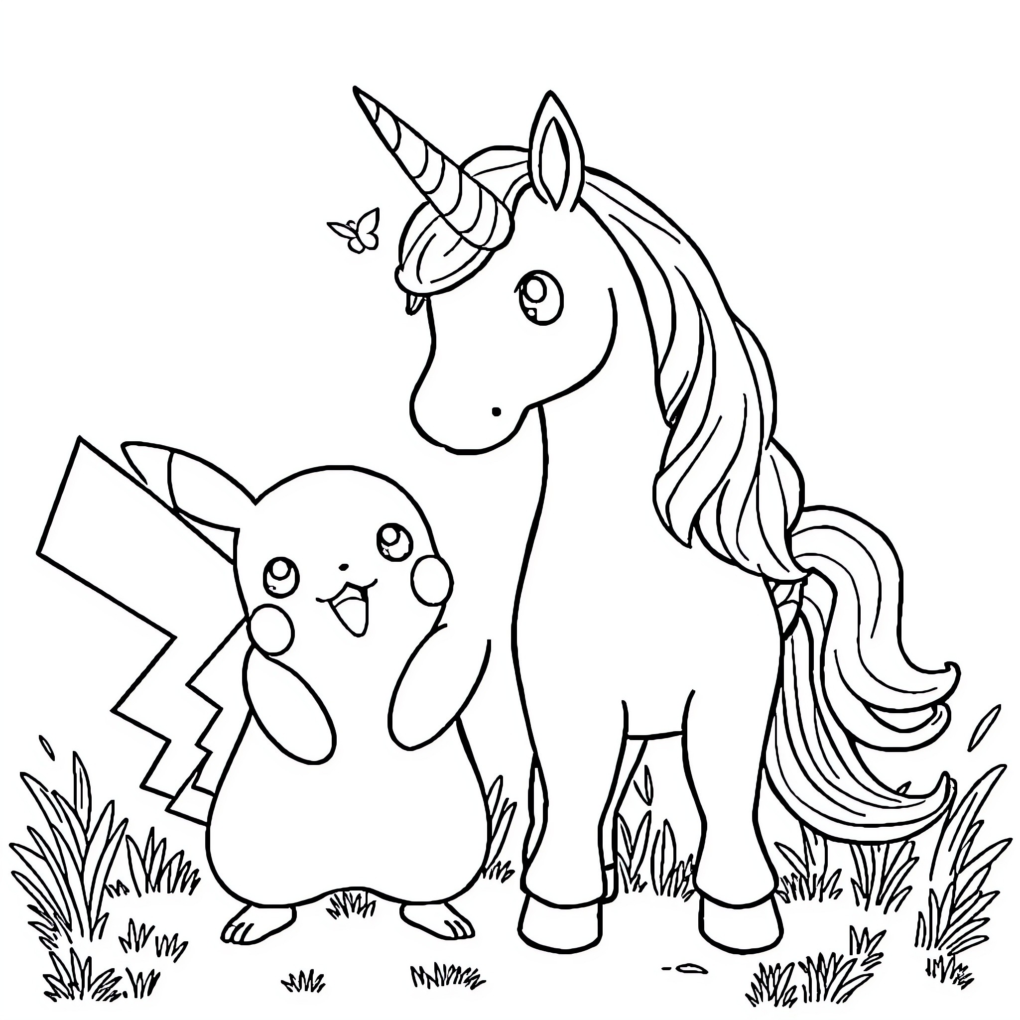 Einhorn and Pikachu exploring the meadow Coloring Page (free black-and-white line drawing printable PDF for all, from beginners to advanced learners, including children, teens, adults, and seniors)