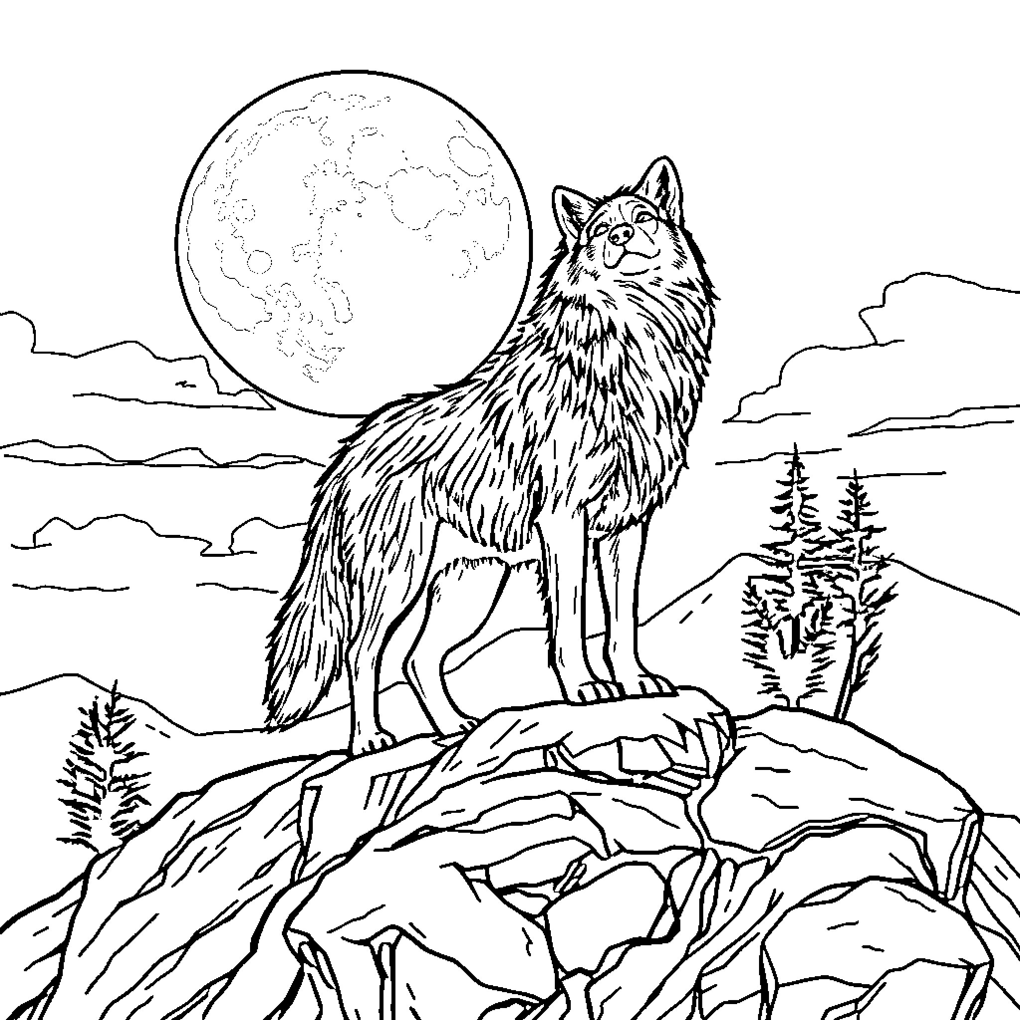 Wolf howling at the moon in a mountain landscape Coloring Page (free black-and-white line drawing printable PDF for all, from beginners to advanced learners, including children, teens, adults, and seniors)