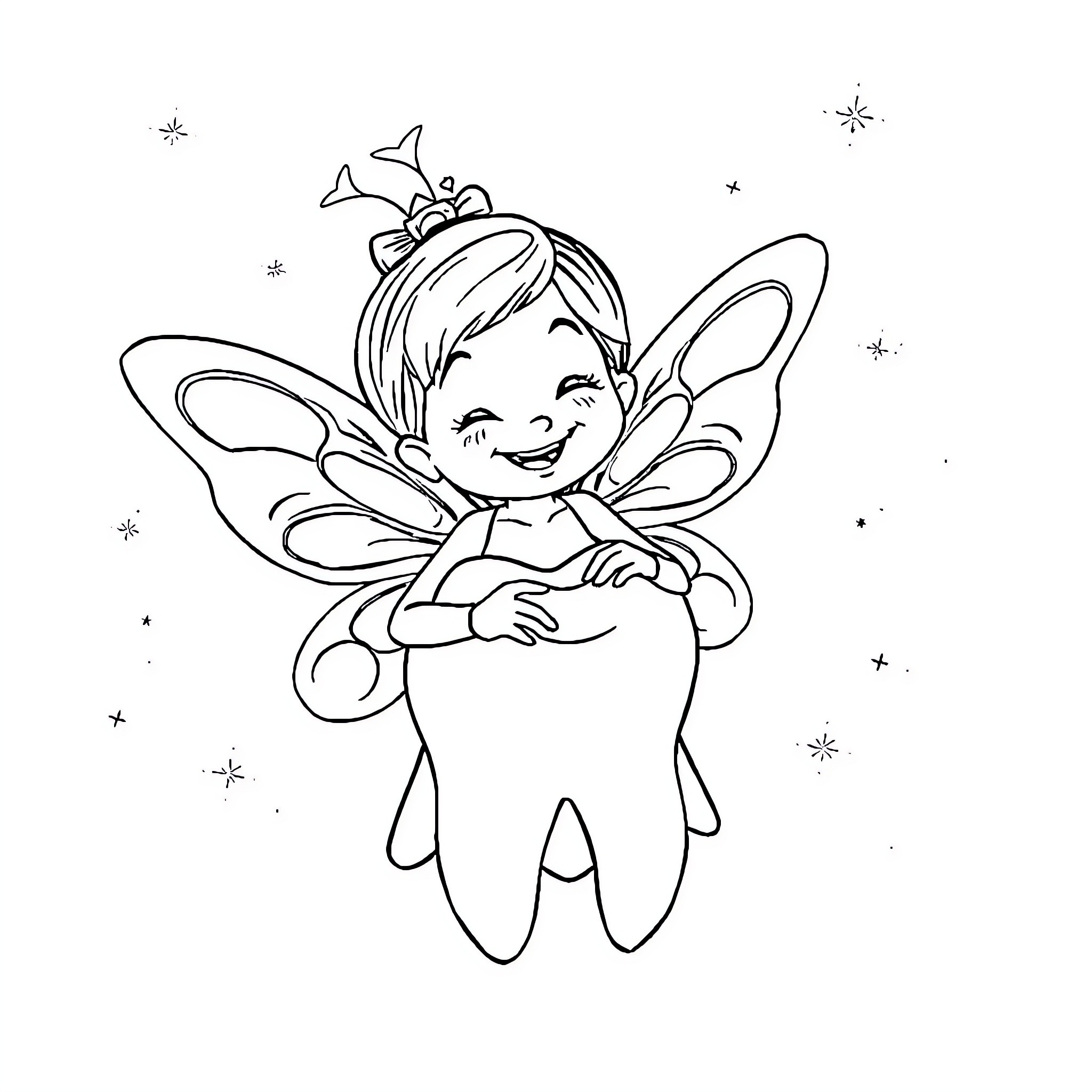 Tooth Fairy collecting a happy child's tooth Coloring Page (free black-and-white line drawing printable PDF for all, from beginners to advanced learners, including children, teens, adults, and seniors)