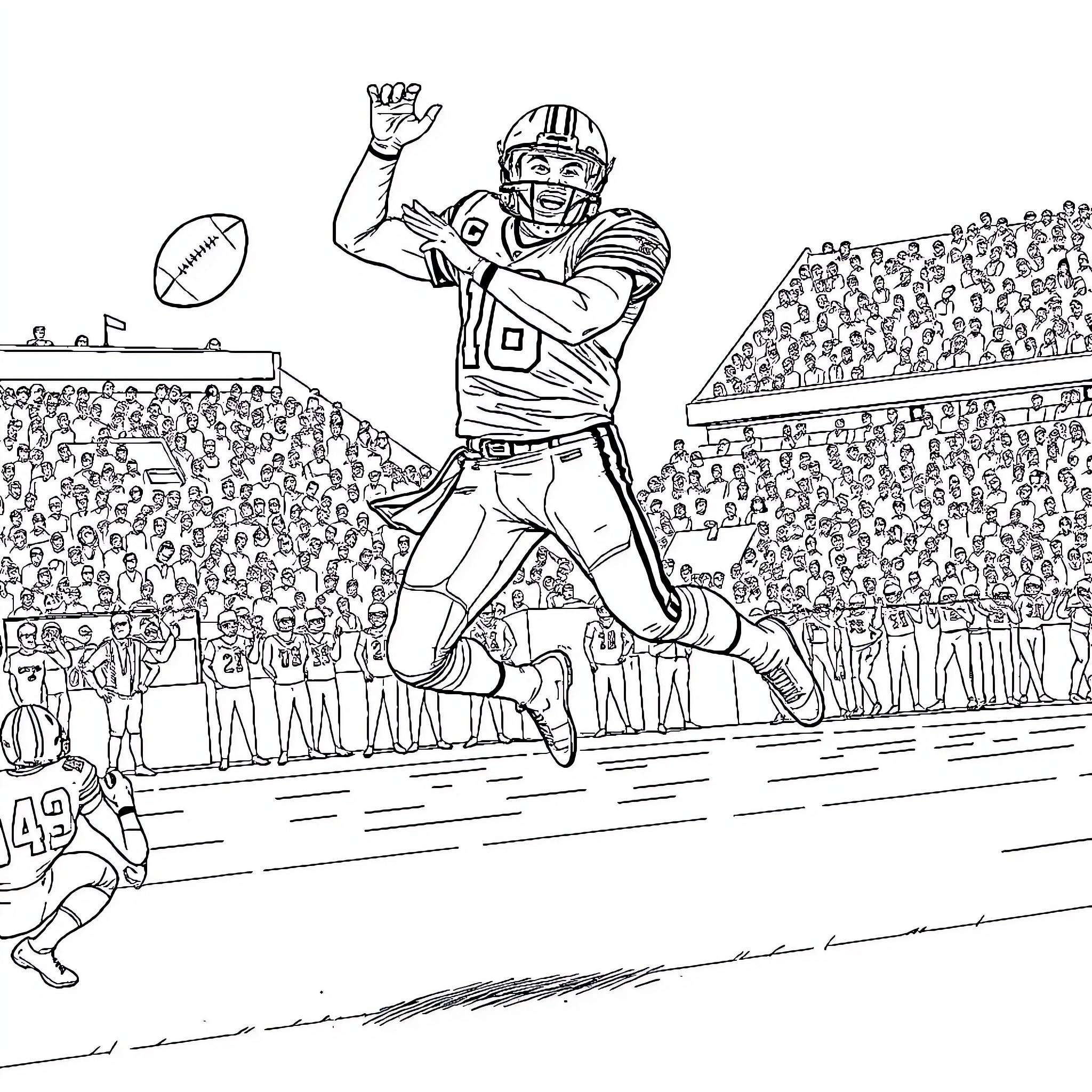 Josh Allen making a touchdown pass during the game Coloring Page (free black-and-white line drawing printable PDF for all, from beginners to advanced learners, including children, teens, adults, and seniors)