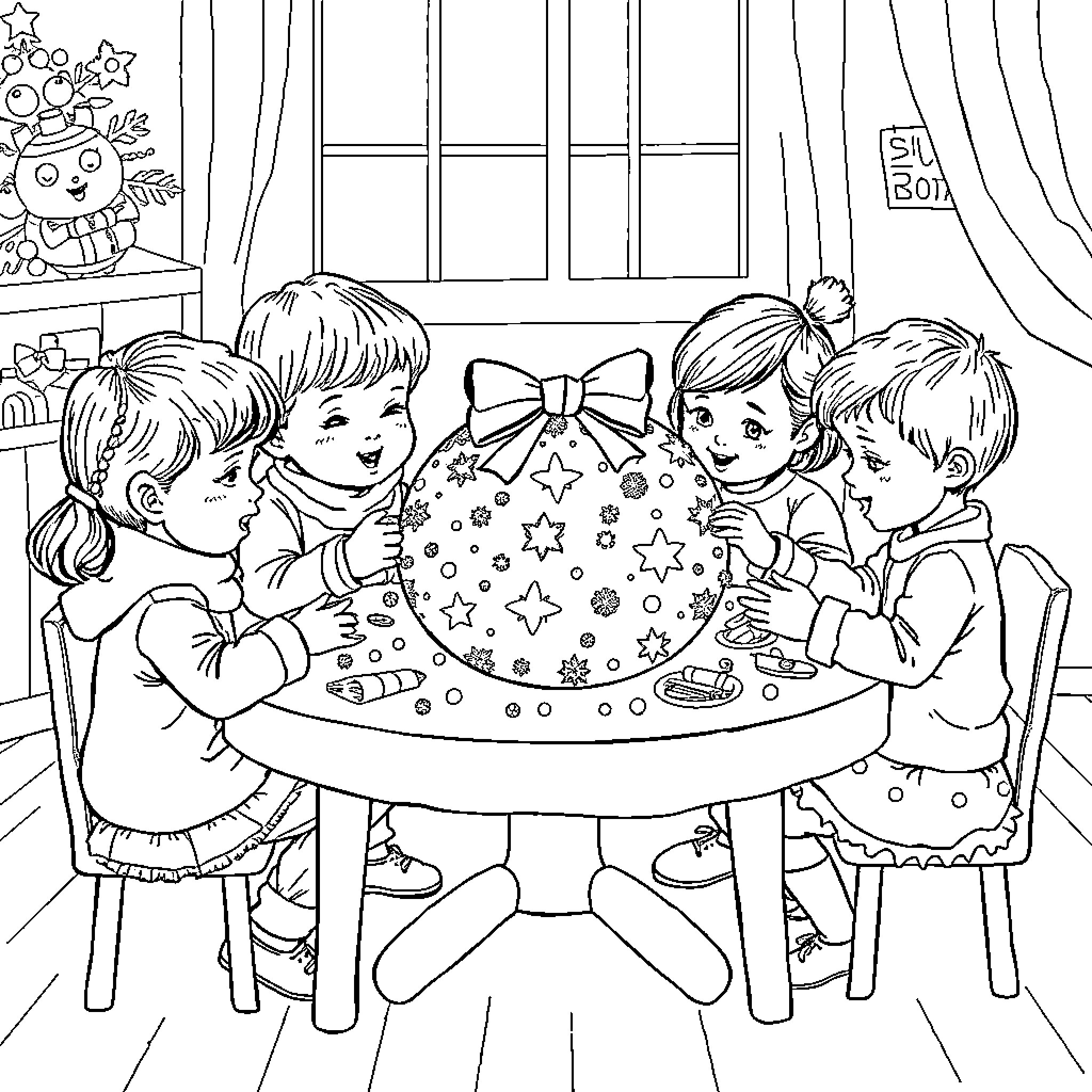 Enfant playing with friends around holiday decorations Coloring Page (free black-and-white line drawing printable PDF for all, from beginners to advanced learners, including children, teens, adults, and seniors)