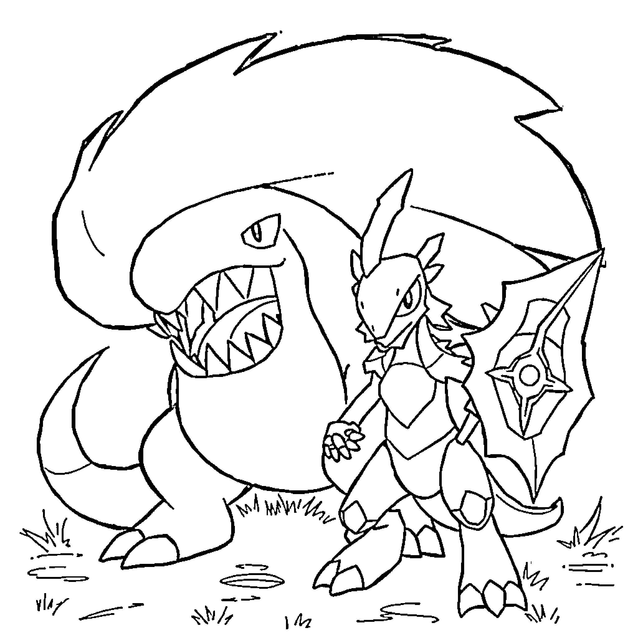 Mawile battling a ferocious creature Coloring Page (free black-and-white line drawing printable PDF for all, from beginners to advanced learners, including children, teens, adults, and seniors)