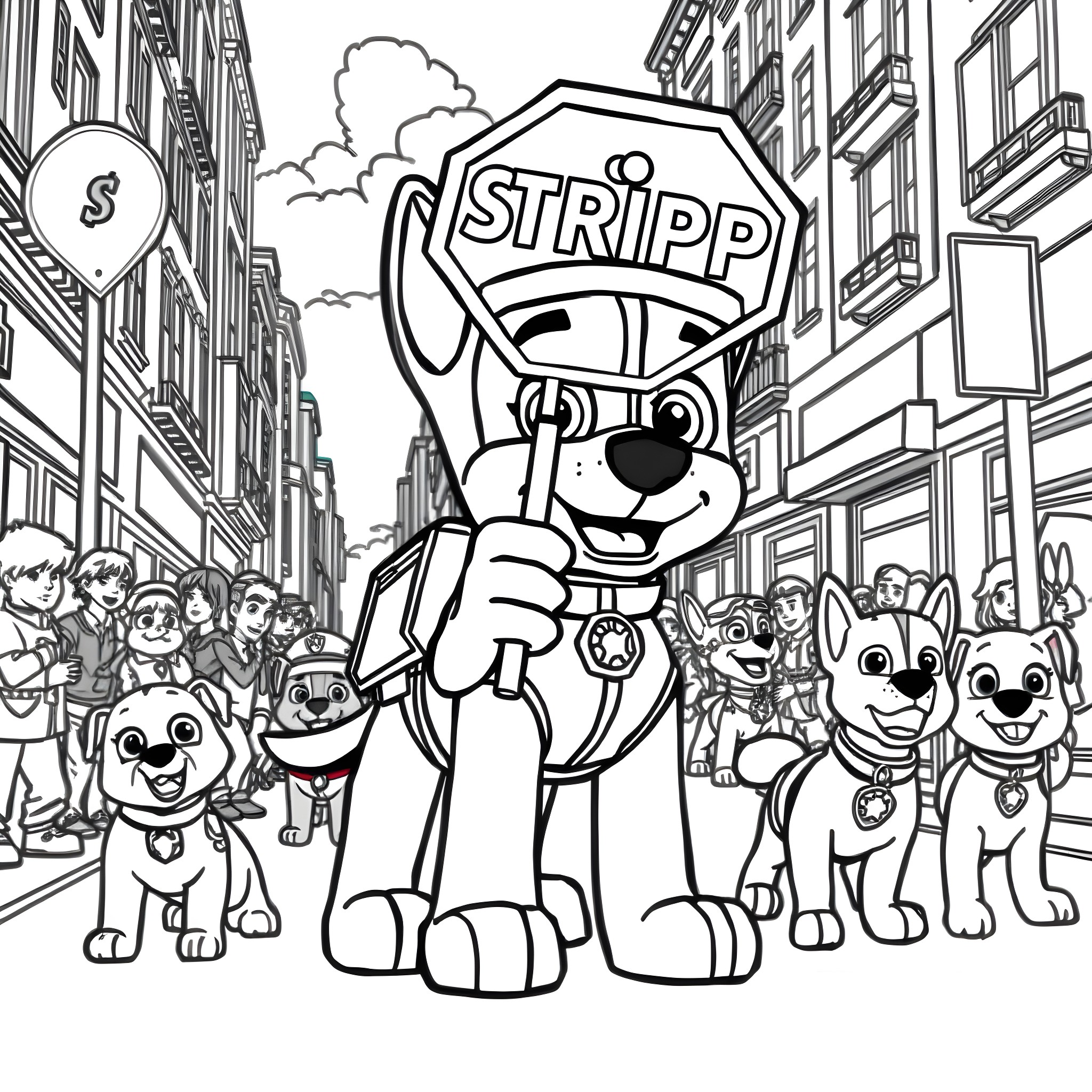 Chase for the Stripp Mascot in the City Coloring Page (free black-and-white line drawing printable PDF for all, from beginners to advanced learners, including children, teens, adults, and seniors)