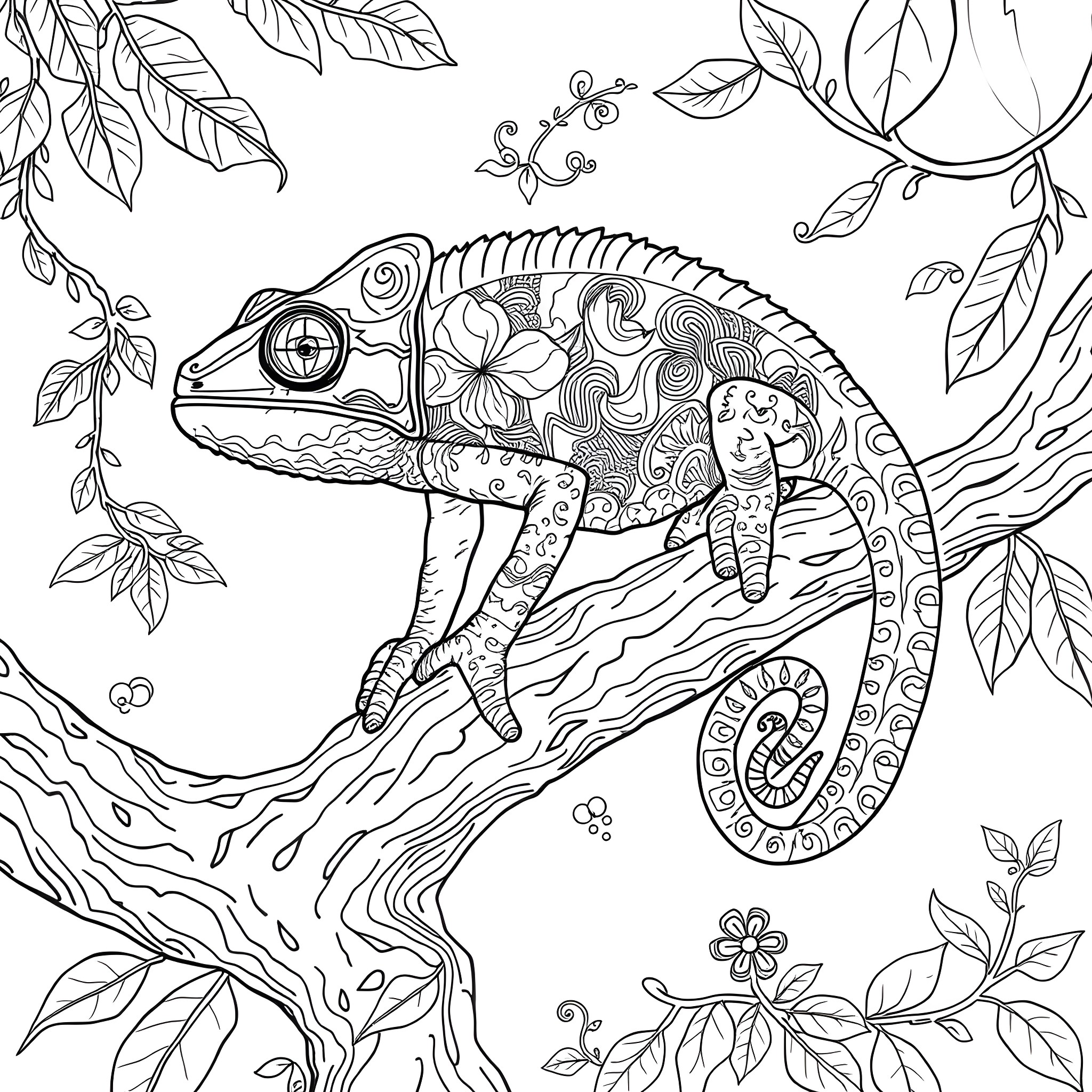 Chameleon exploring the enchanting foliage Coloring Page (free black-and-white line drawing printable PDF for all, from beginners to advanced learners, including children, teens, adults, and seniors)