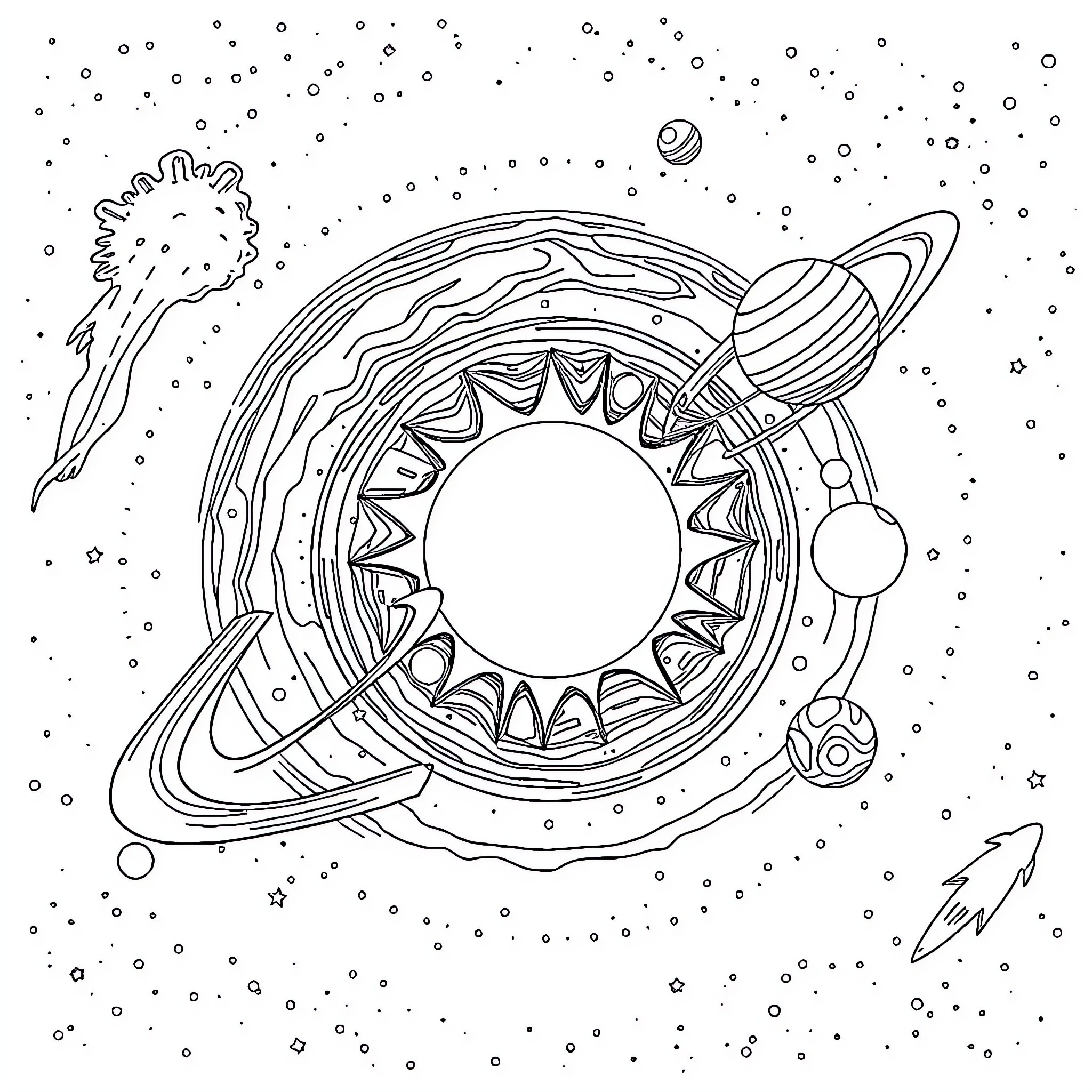 Solar System Planets in Cosmic Harmony Coloring Page (free black-and-white line drawing printable PDF for all, from beginners to advanced learners, including children, teens, adults, and seniors)