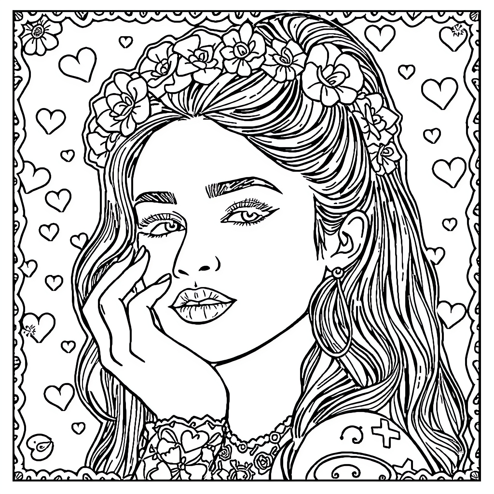 Ariana Grande in a floral headpiece surrounded by hearts Coloring Page (free black-and-white line drawing printable PDF for all, from beginners to advanced learners, including children, teens, adults, and seniors)