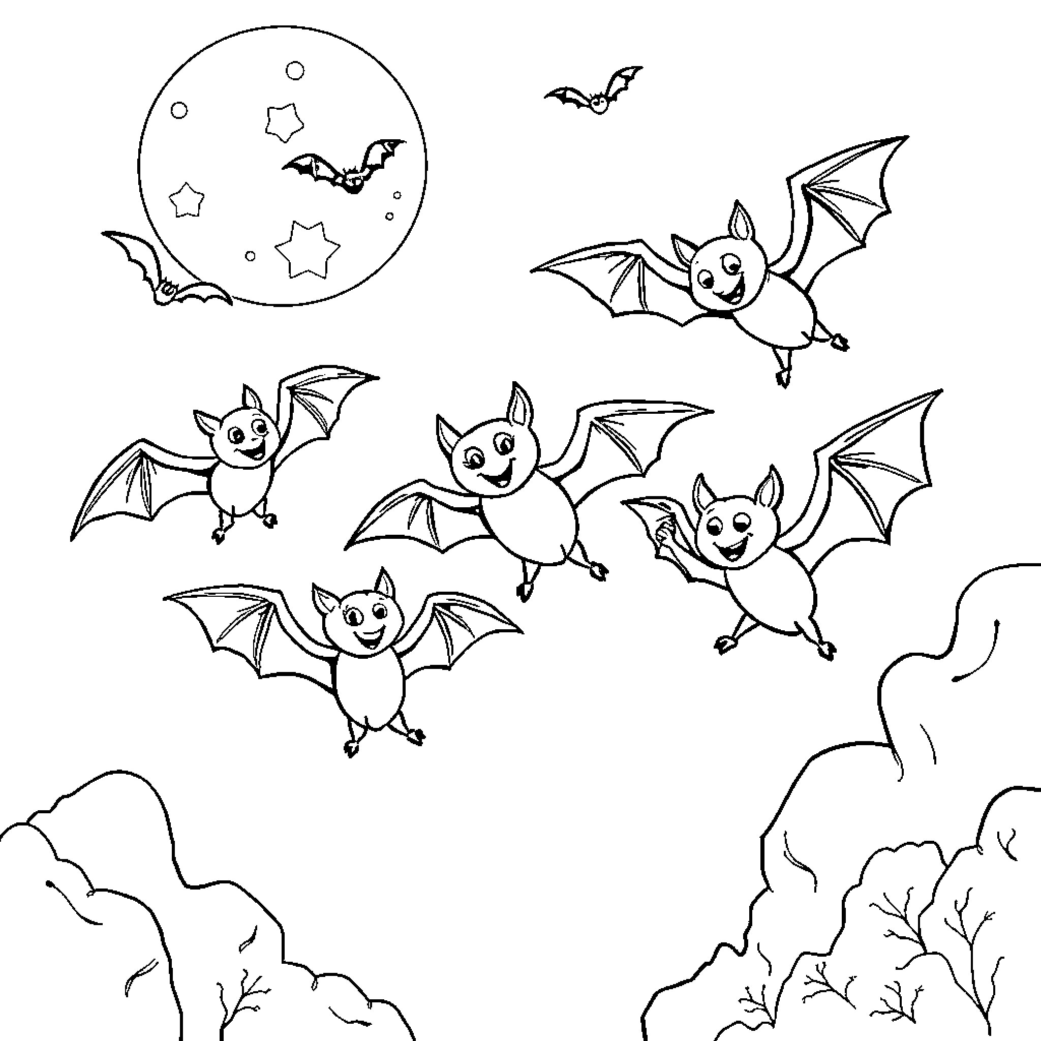 Bats playing in the night sky Coloring Page (free black-and-white line drawing printable PDF for all, from beginners to advanced learners, including children, teens, adults, and seniors)