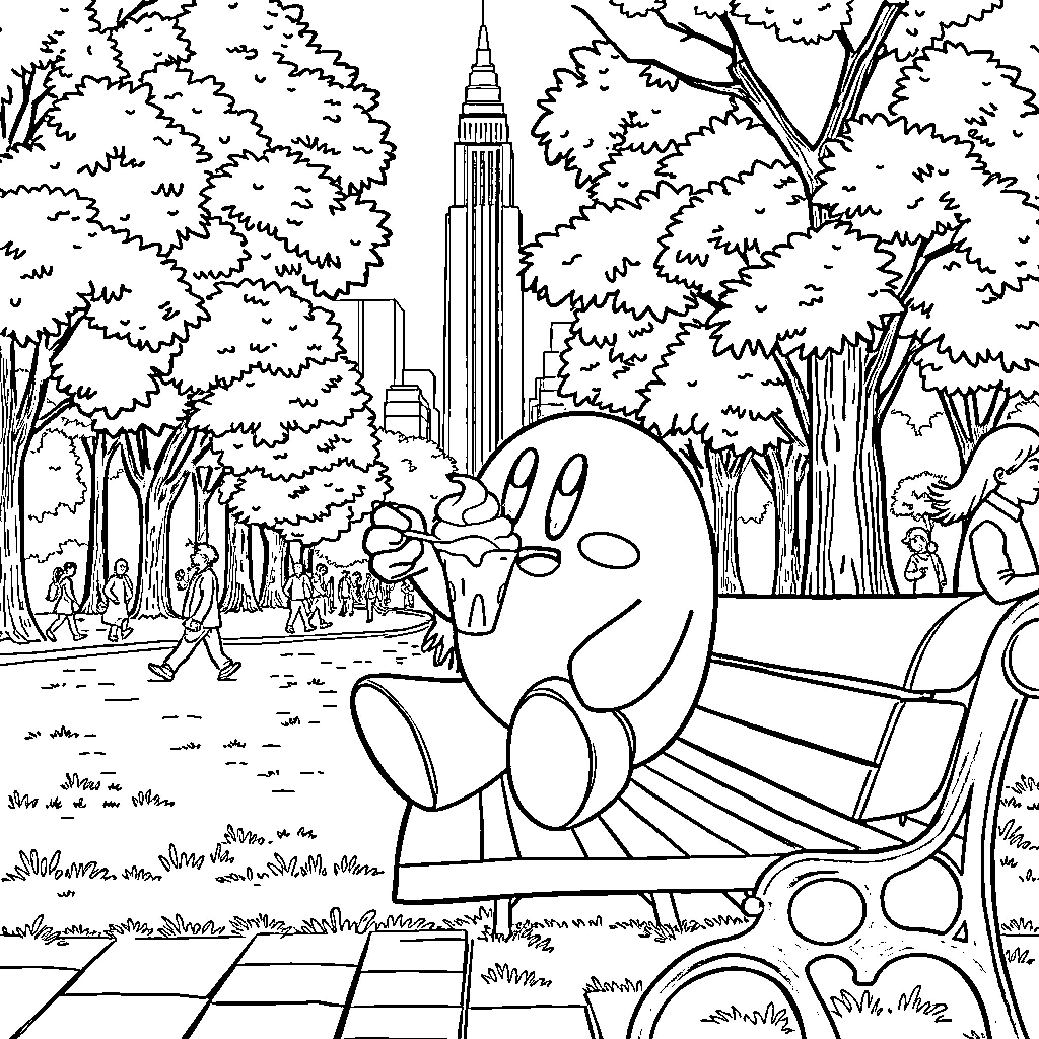 Kirby relaxing on a park bench in the city Coloring Page (free black-and-white line drawing printable PDF for all, from beginners to advanced learners, including children, teens, adults, and seniors)
