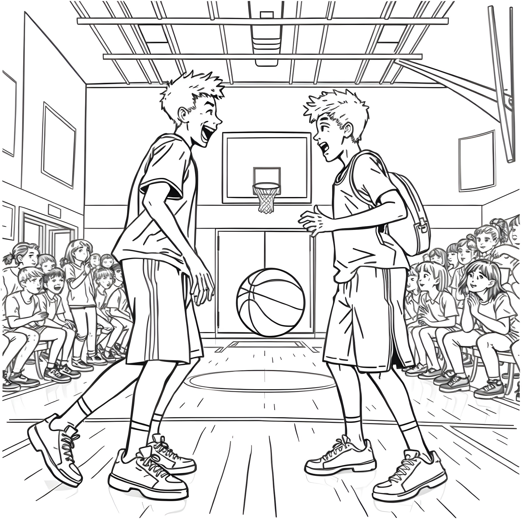 Teen Guys Playing Basketball in Gym Coloring Page (free black-and-white line drawing printable PDF for all, from beginners to advanced learners, including children, teens, adults, and seniors)