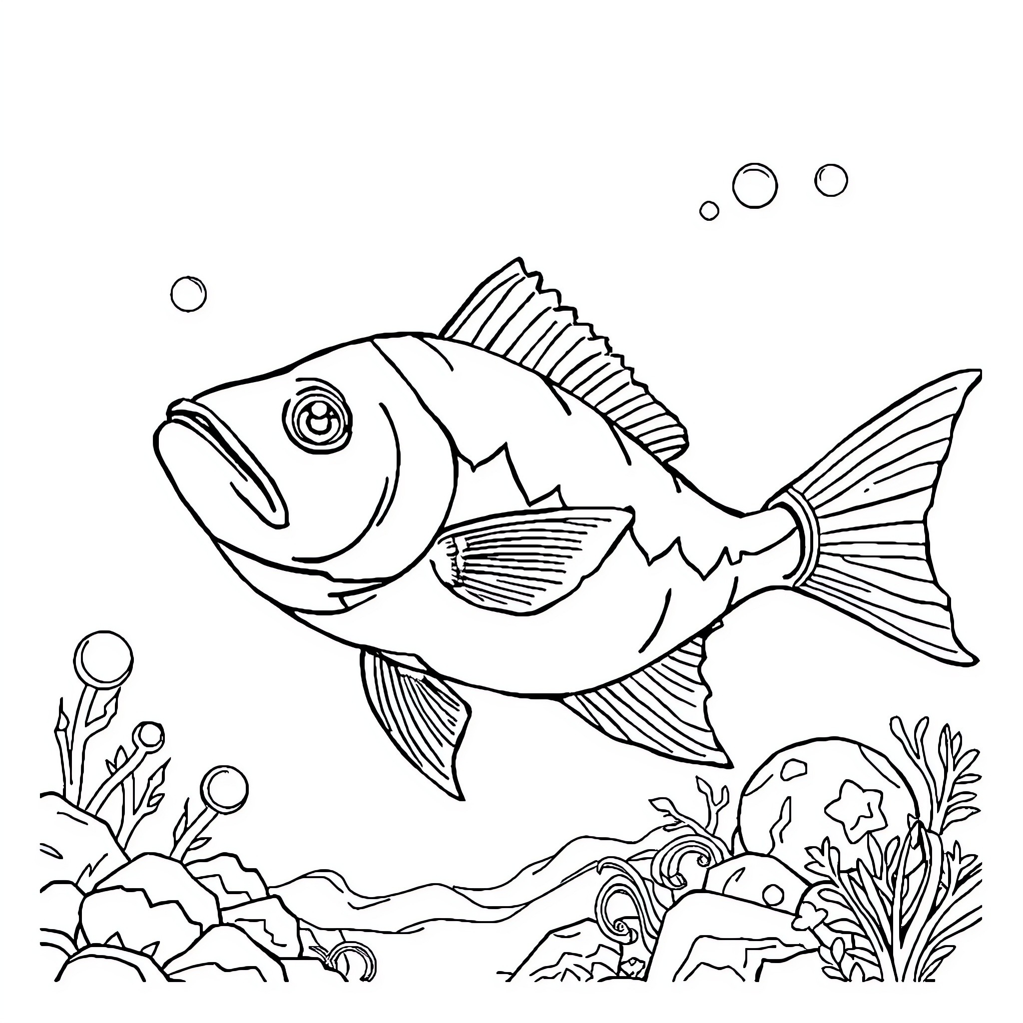 Shark swimming among underwater plants and bubbles Coloring Page (free black-and-white line drawing printable PDF for all, from beginners to advanced learners, including children, teens, adults, and seniors)