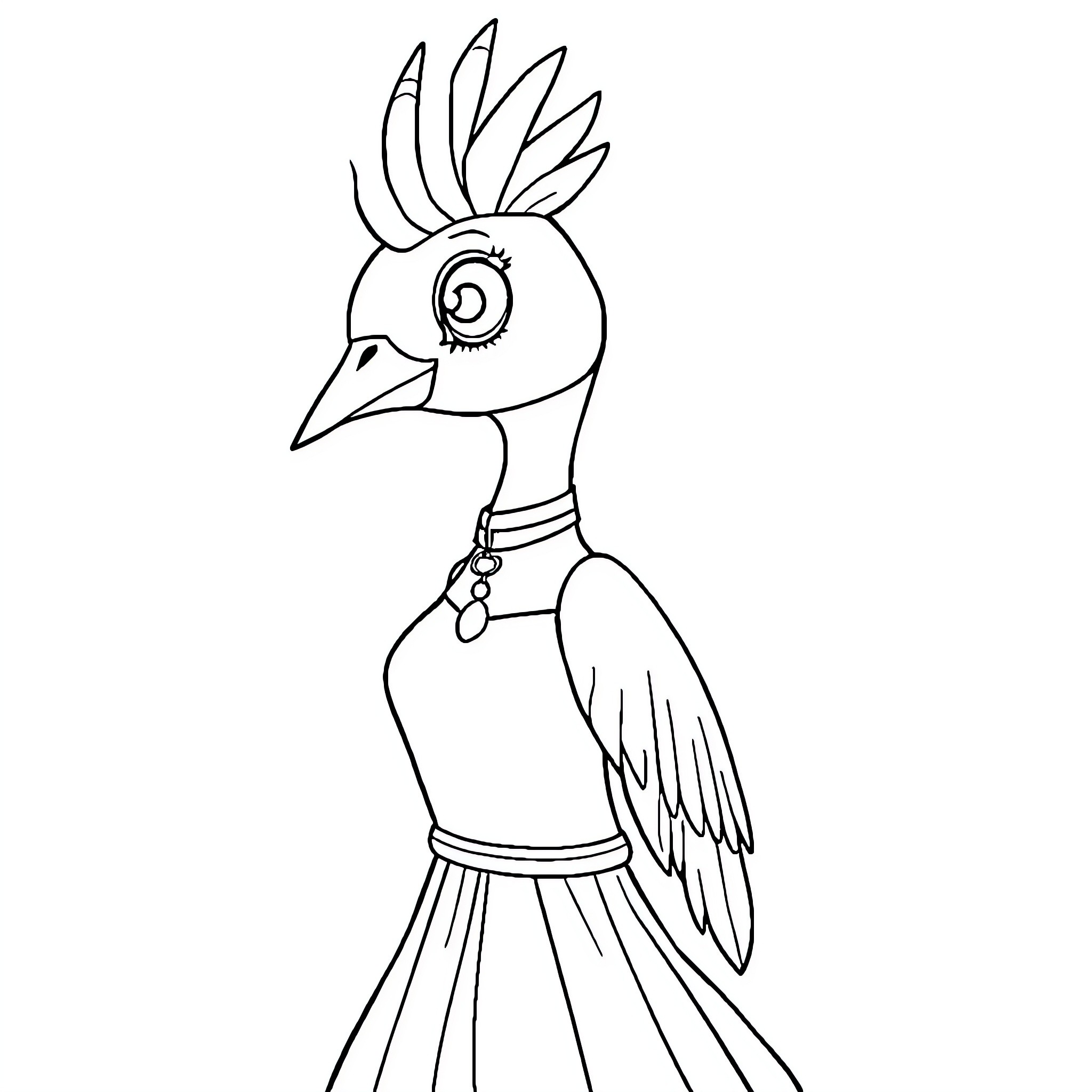 Girl in bird-like costume with unique feathers Coloring Page (free black-and-white line drawing printable PDF for all, from beginners to advanced learners, including children, teens, adults, and seniors)