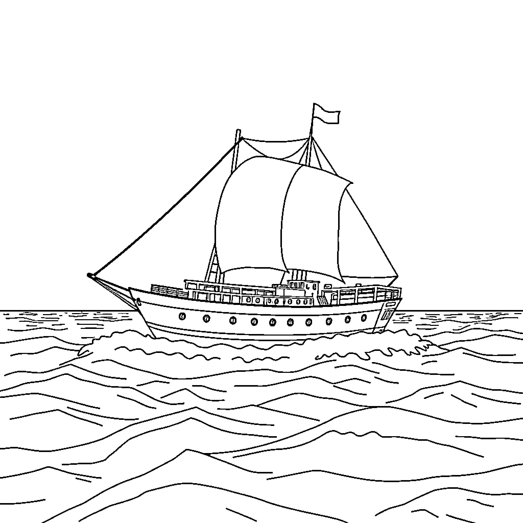 Going Merry Sailing Across the Open Sea Coloring Page (free black-and-white line drawing printable PDF for all, from beginners to advanced learners, including children, teens, adults, and seniors)