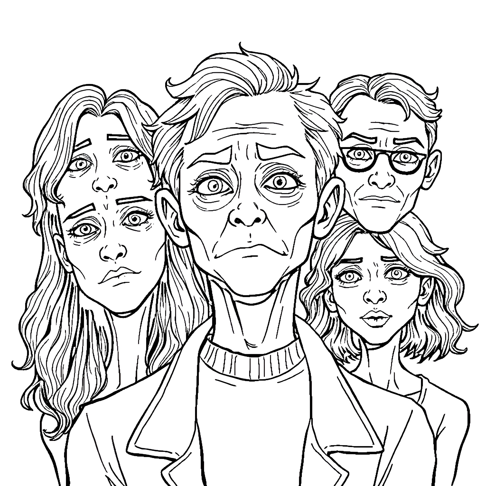 Dissociative Identity Disorder: Expressions of a Fractured Psyche Coloring Page (free black-and-white line drawing printable PDF for all, from beginners to advanced learners, including children, teens, adults, and seniors)
