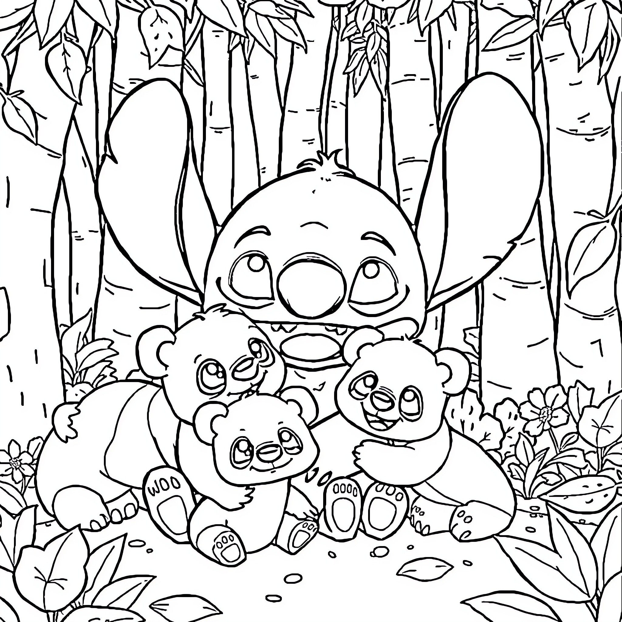 Stitch and friends exploring the forest Coloring Page (free black-and-white line drawing printable PDF for all, from beginners to advanced learners, including children, teens, adults, and seniors)