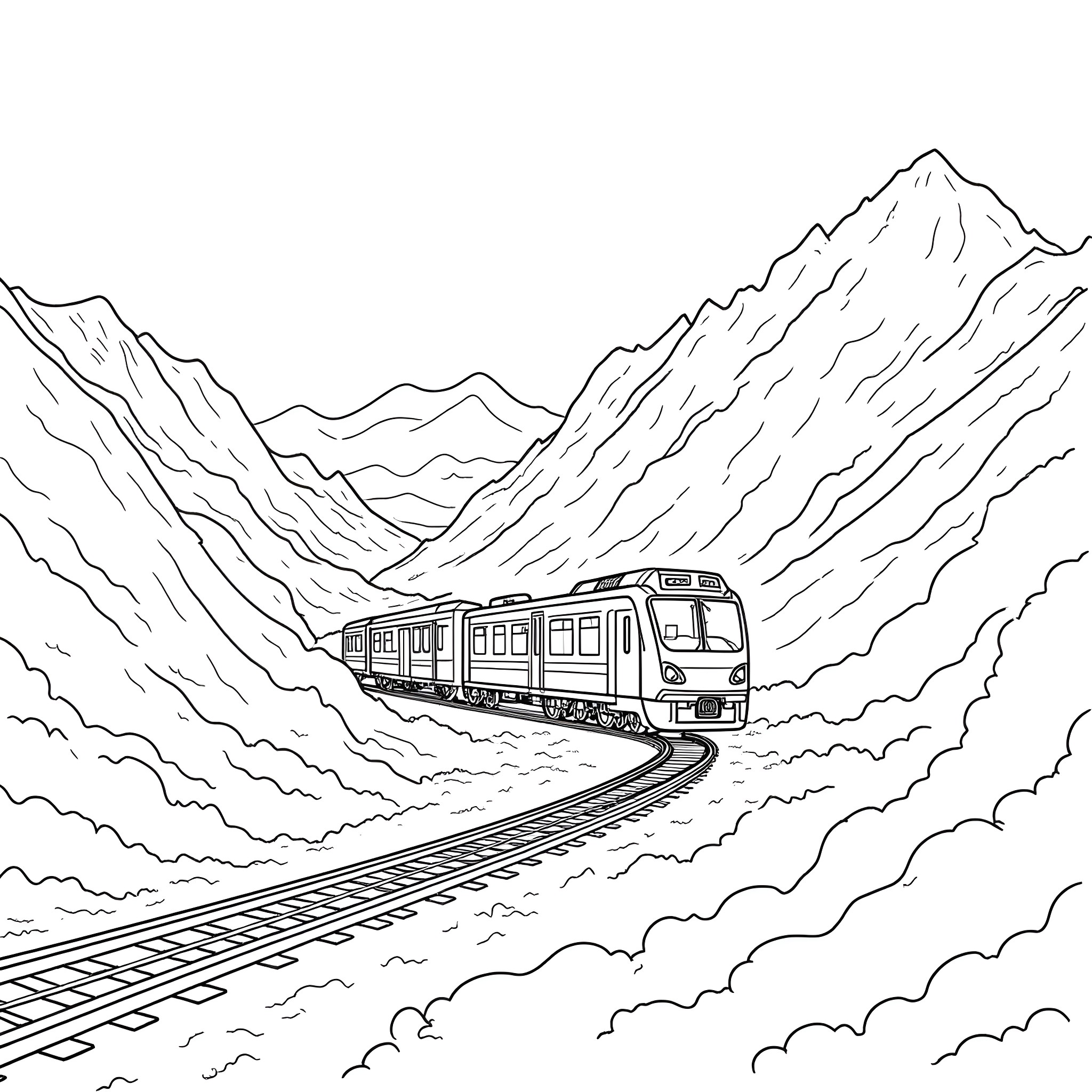 Train traveling through majestic mountain landscape Coloring Page (free black-and-white line drawing printable PDF for all, from beginners to advanced learners, including children, teens, adults, and seniors)