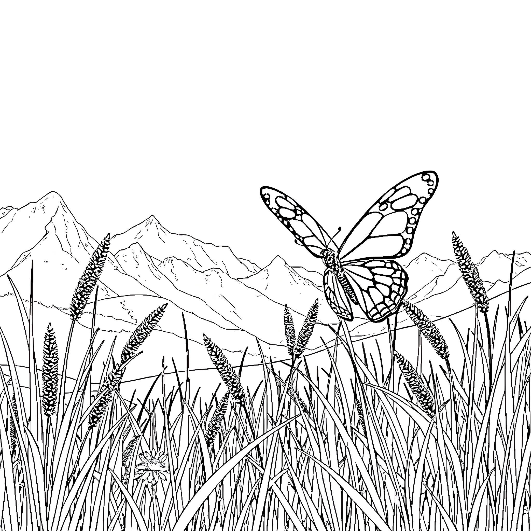 Butterfly in a scenic meadow Coloring Page (free black-and-white line drawing printable PDF for all, from beginners to advanced learners, including children, teens, adults, and seniors)