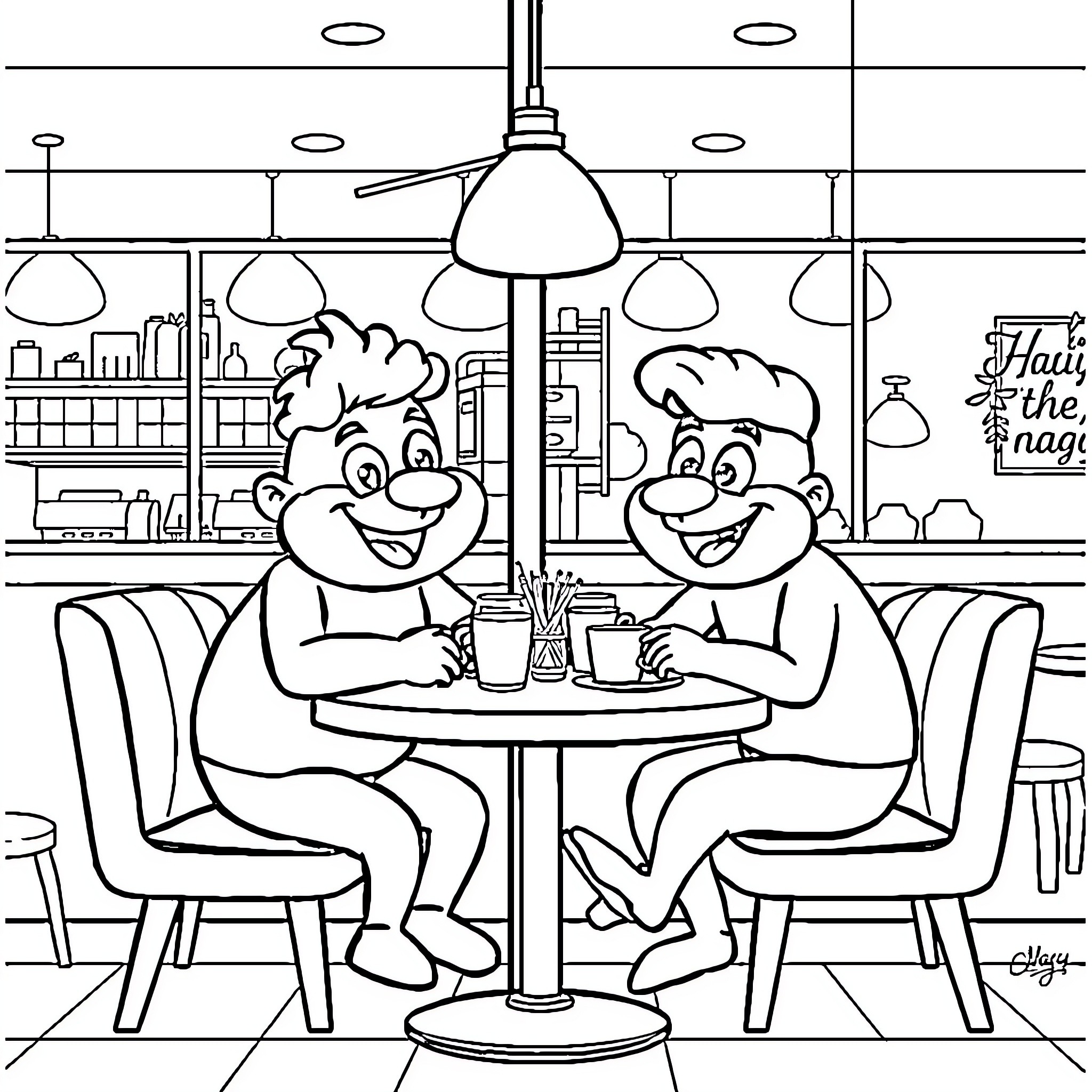 Humble Chefs Enjoying a Meal Together Coloring Page (free black-and-white line drawing printable PDF for all, from beginners to advanced learners, including children, teens, adults, and seniors)