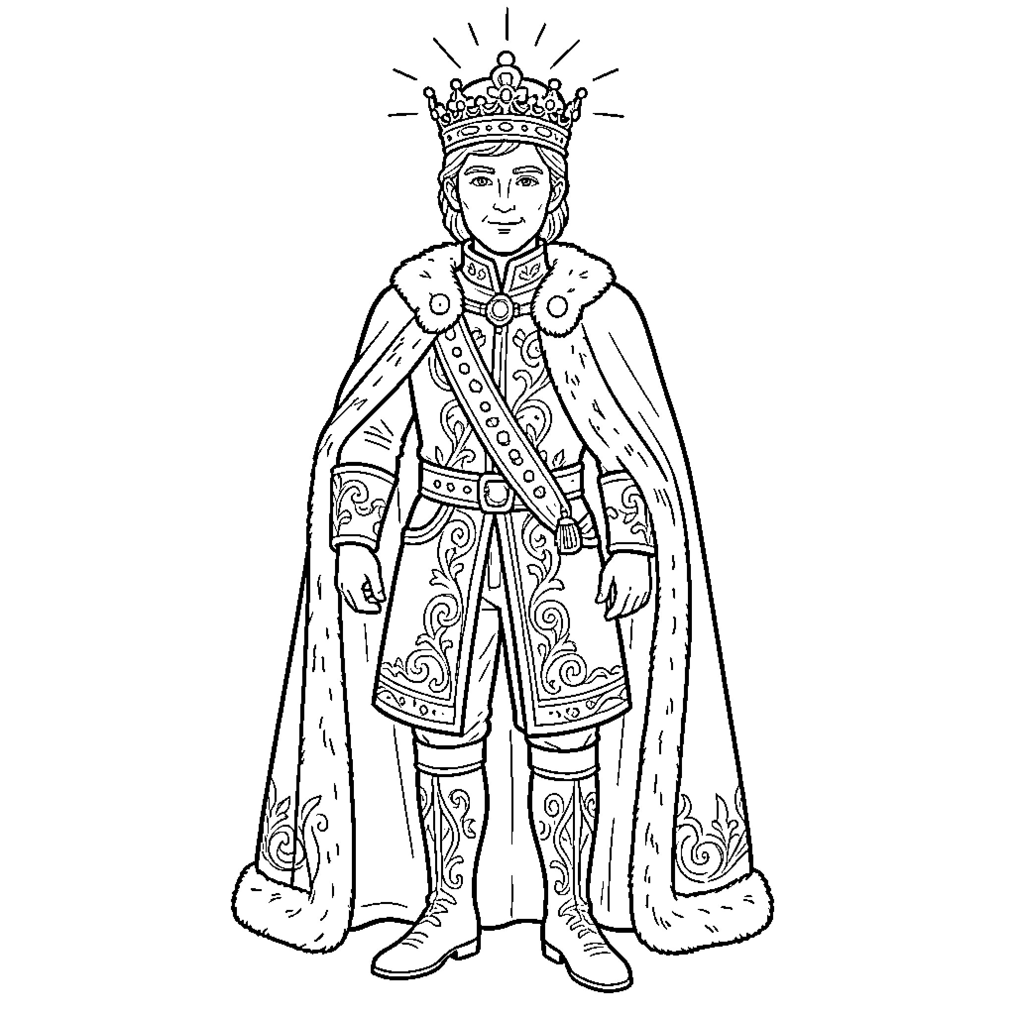 Princess in Elegant Regal Attire Coloring Page (free black-and-white line drawing printable PDF for all, from beginners to advanced learners, including children, teens, adults, and seniors)