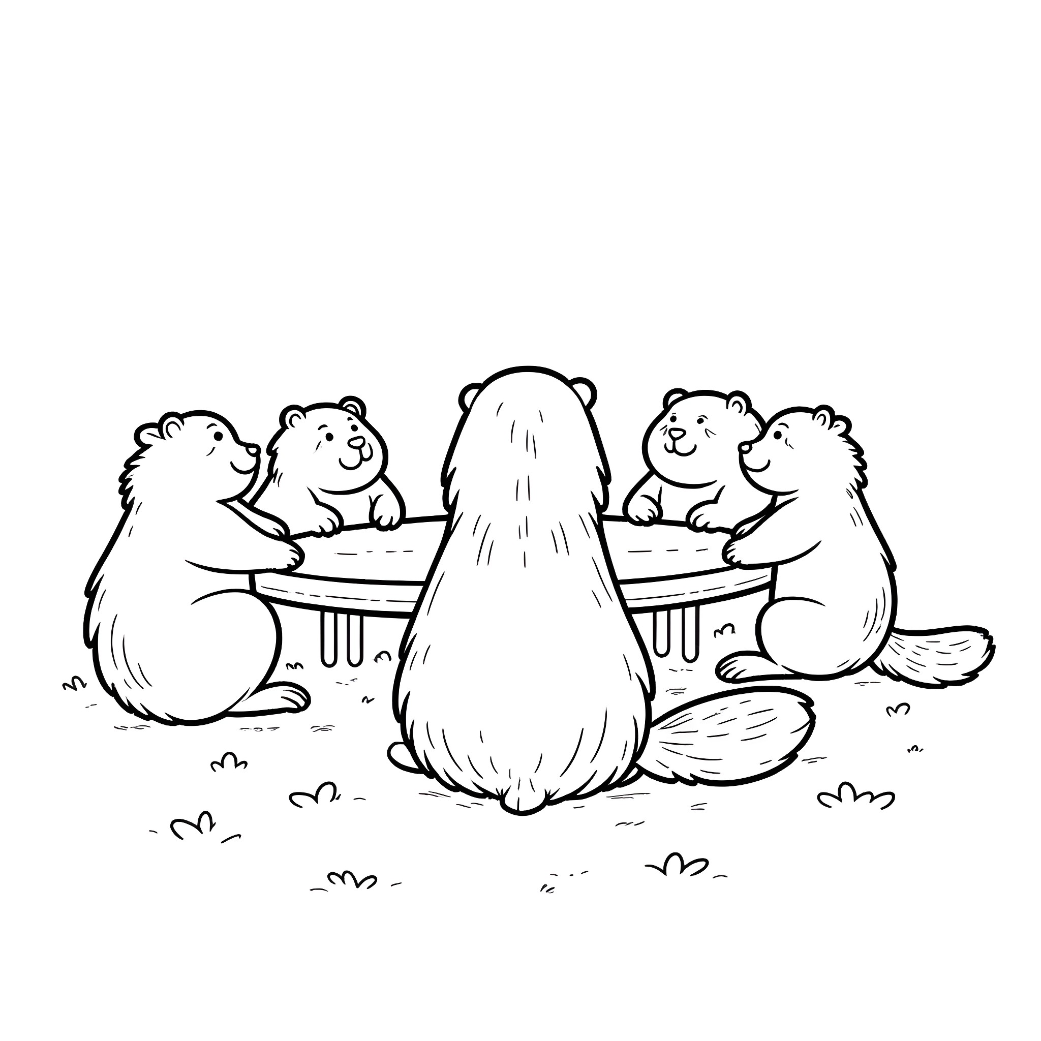Groundhog sitting at table with friends Coloring Page (free black-and-white line drawing printable PDF for all, from beginners to advanced learners, including children, teens, adults, and seniors)