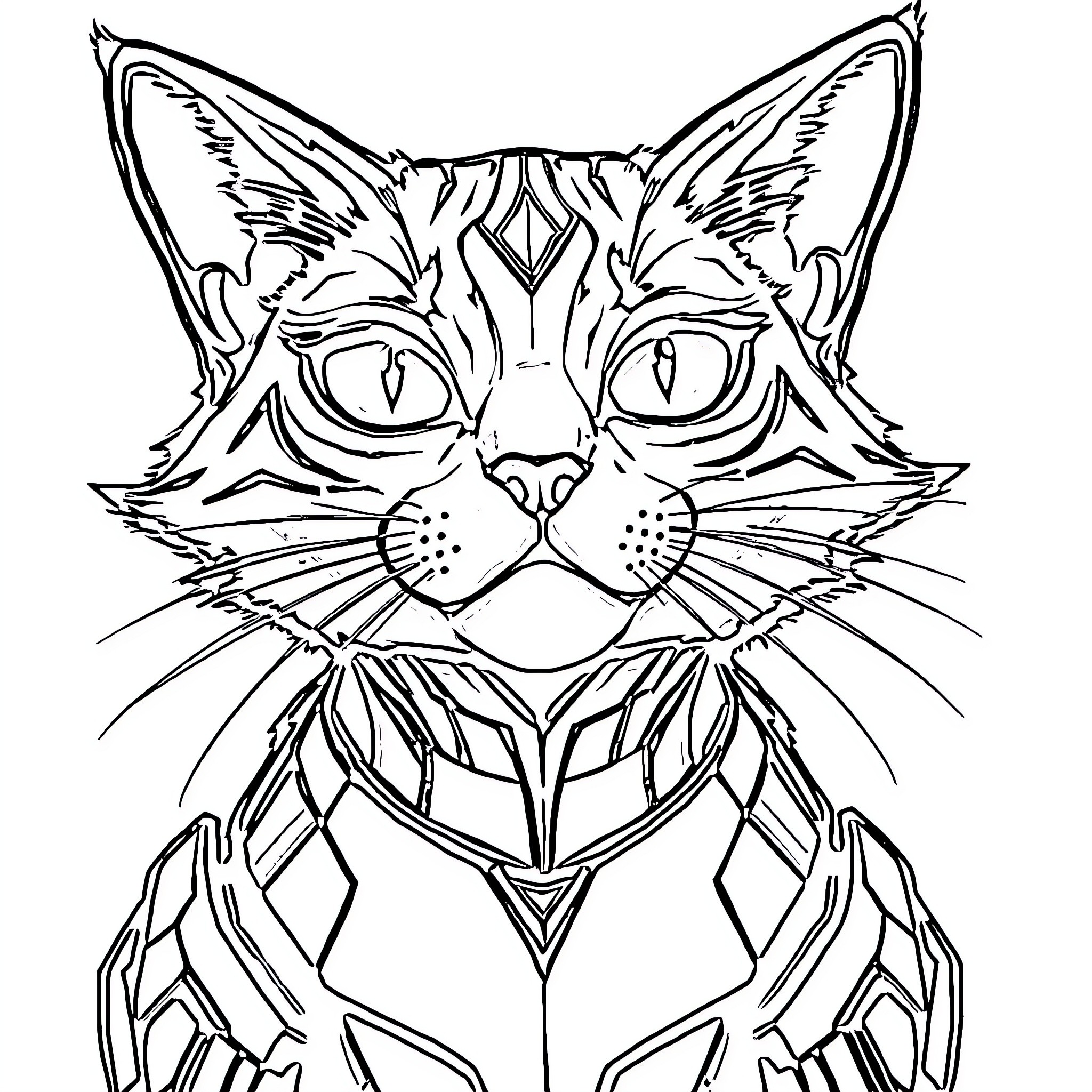 Futuristic Cat with Intricate Geometric Design Coloring Page (free black-and-white line drawing printable PDF for all, from beginners to advanced learners, including children, teens, adults, and seniors)