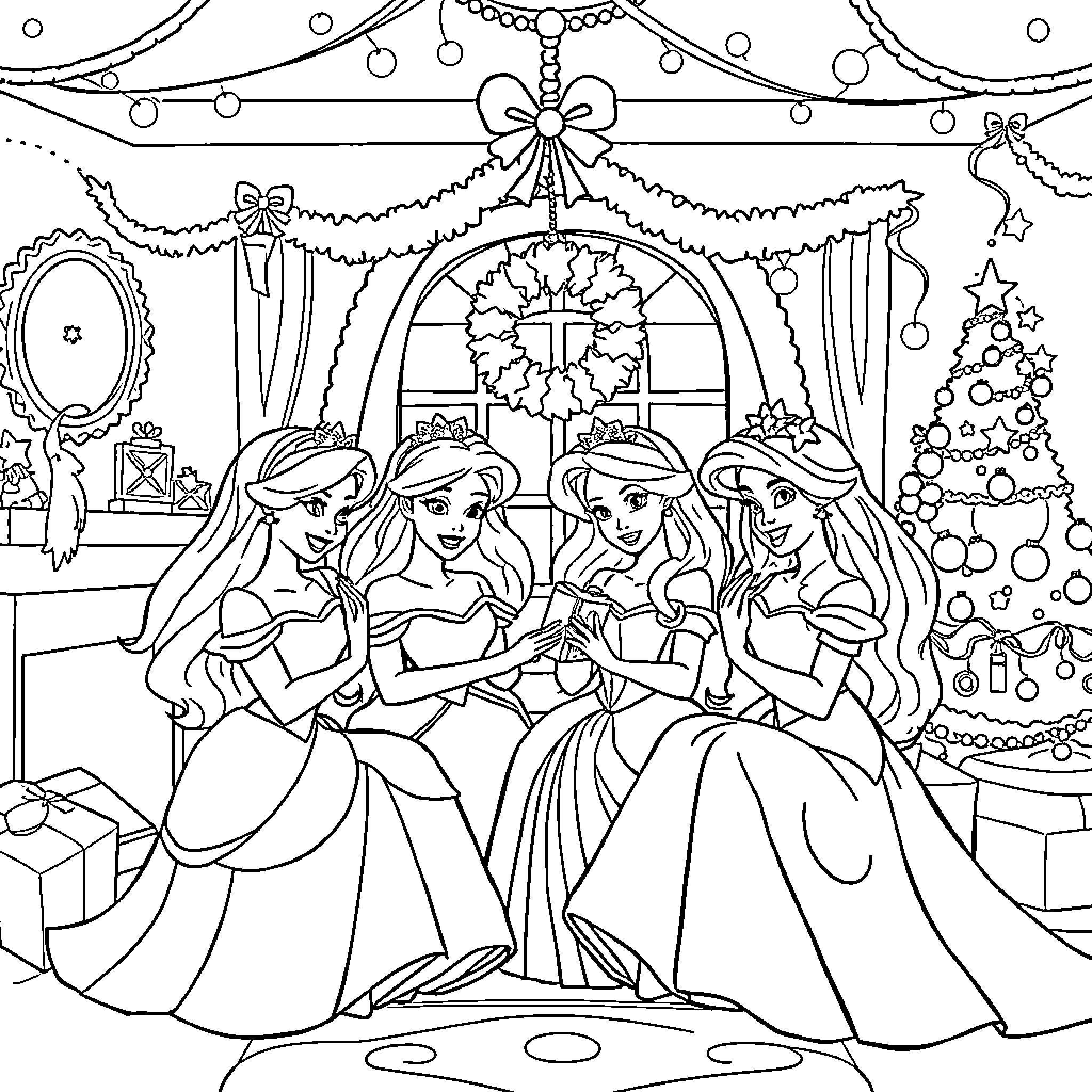 Princess Celebration in Festive Holiday Setting Coloring Page (free black-and-white line drawing printable PDF for all, from beginners to advanced learners, including children, teens, adults, and seniors)