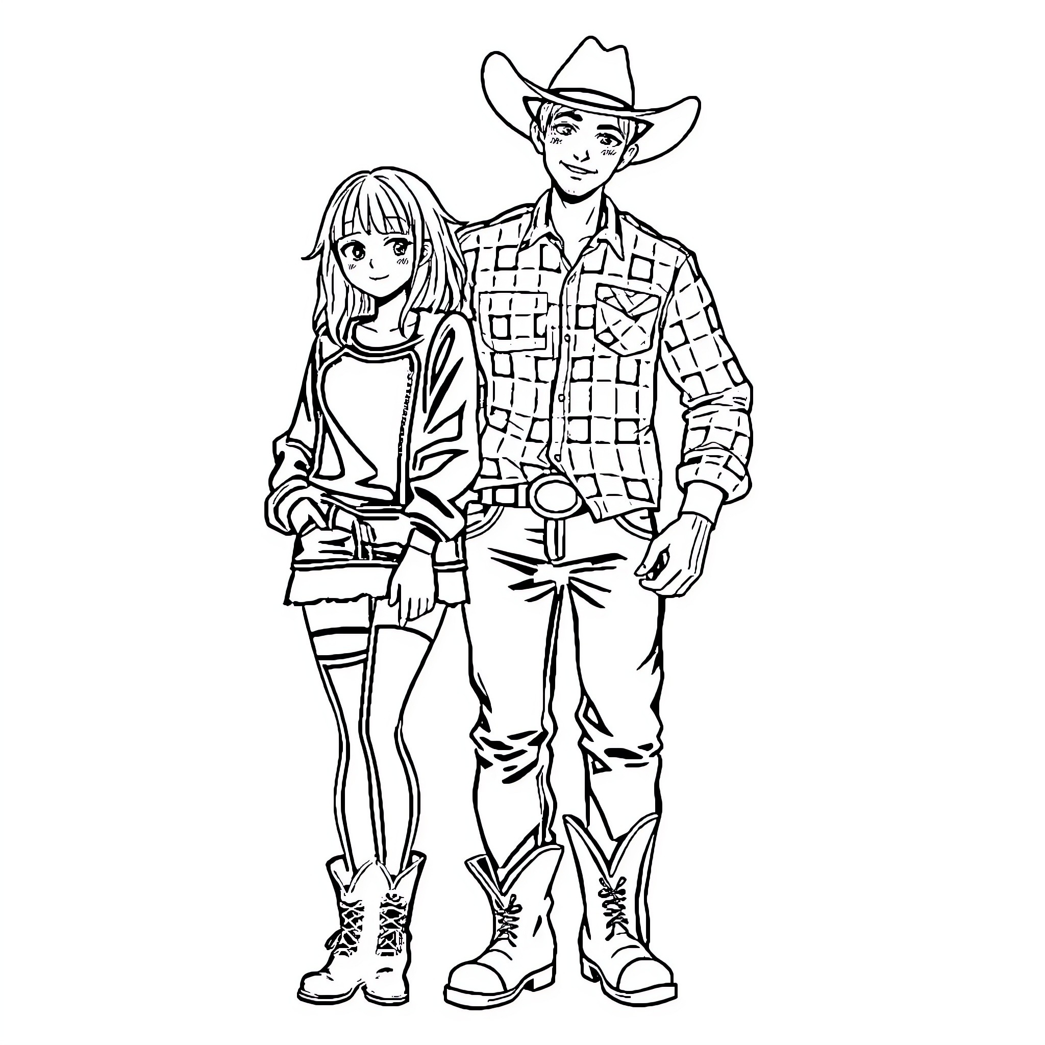 Girl and Cowboy in Casual Wear Coloring Page (free black-and-white line drawing printable PDF for all, from beginners to advanced learners, including children, teens, adults, and seniors)