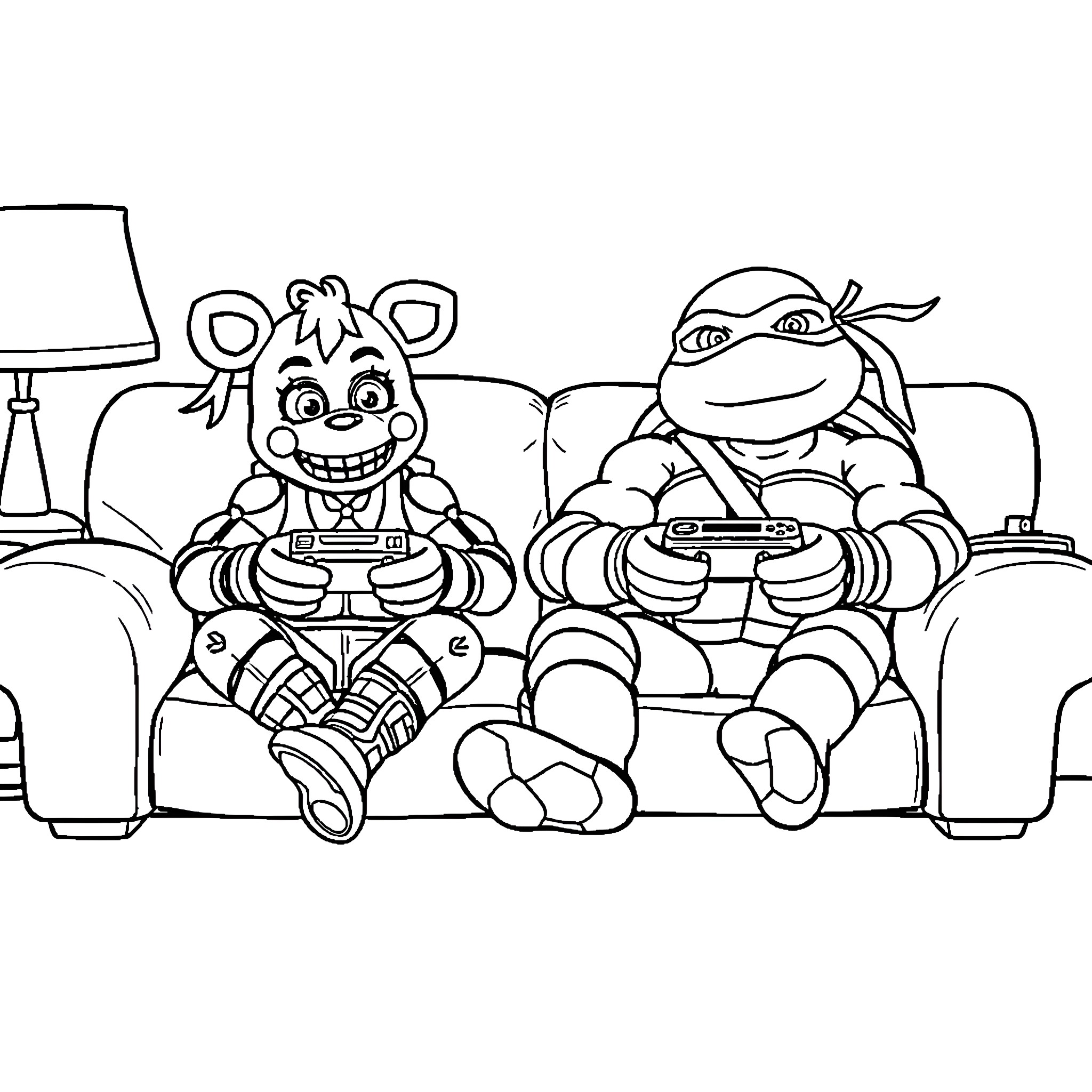 Bonnie and Michelangelo playing video games together Coloring Page (free black-and-white line drawing printable PDF for all, from beginners to advanced learners, including children, teens, adults, and seniors)