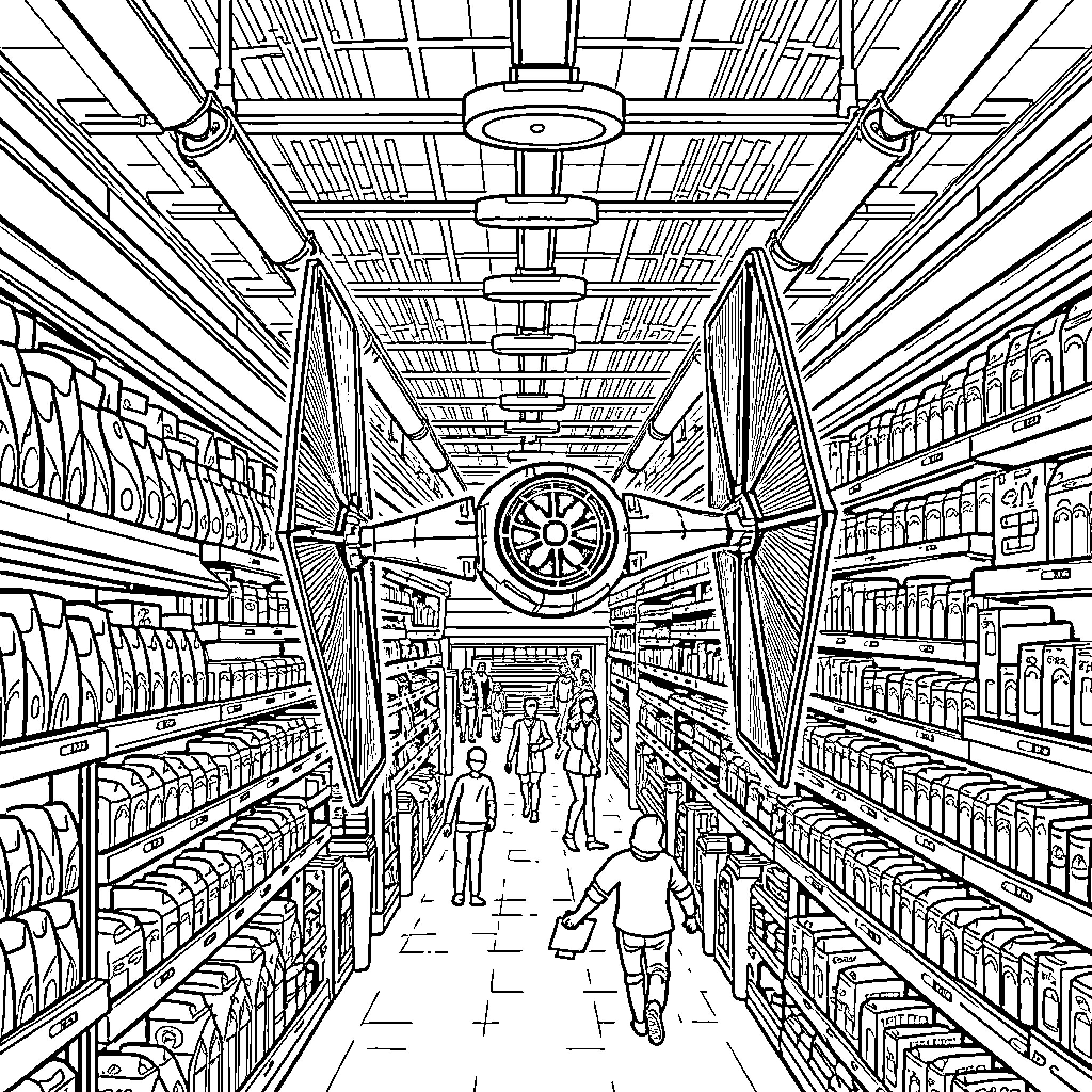 Tie Fighter Battleship in Supermarket Aisle Coloring Page (free black-and-white line drawing printable PDF for all, from beginners to advanced learners, including children, teens, adults, and seniors)