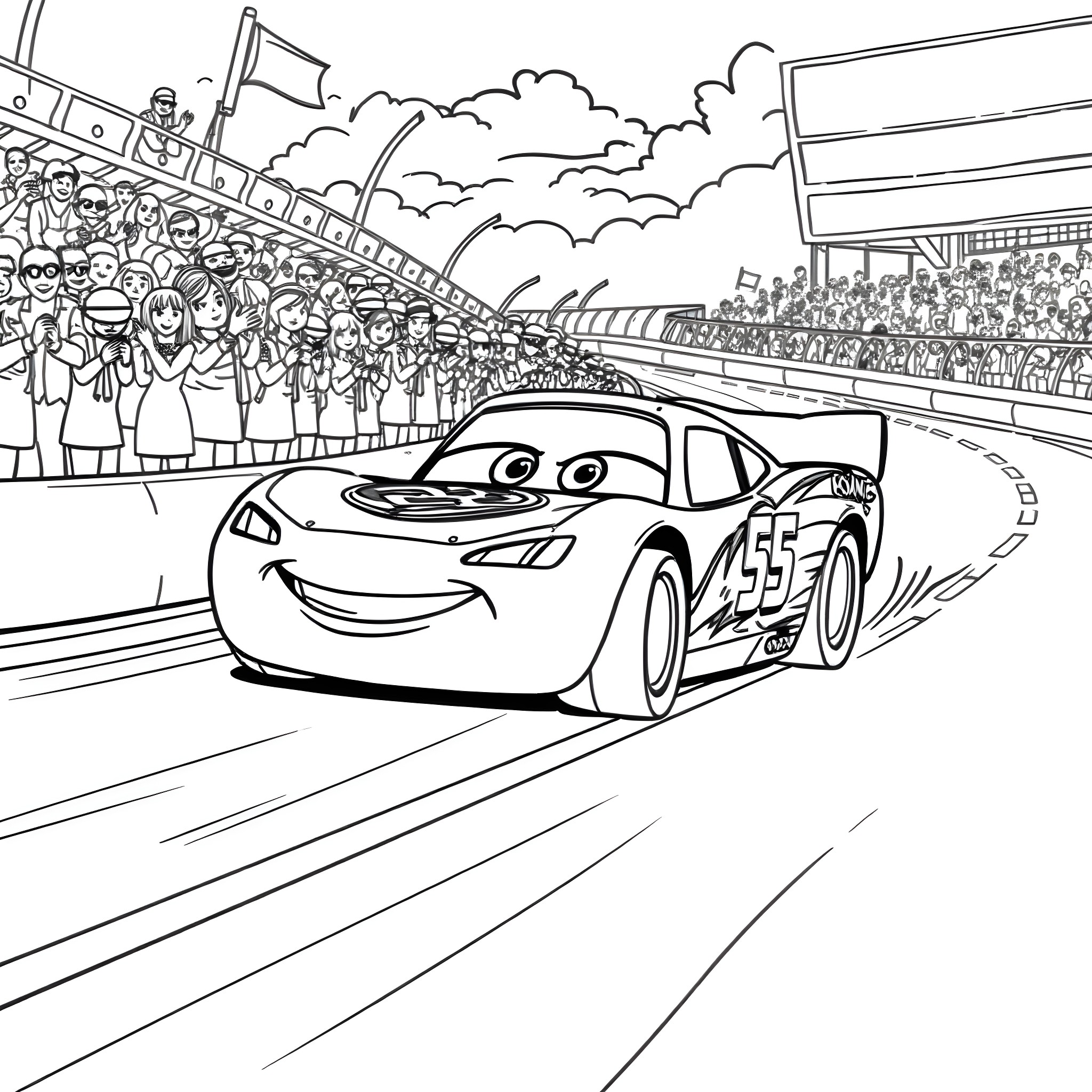 Lightning McQueen racing in front of cheering crowd Coloring Page (free black-and-white line drawing printable PDF for all, from beginners to advanced learners, including children, teens, adults, and seniors)