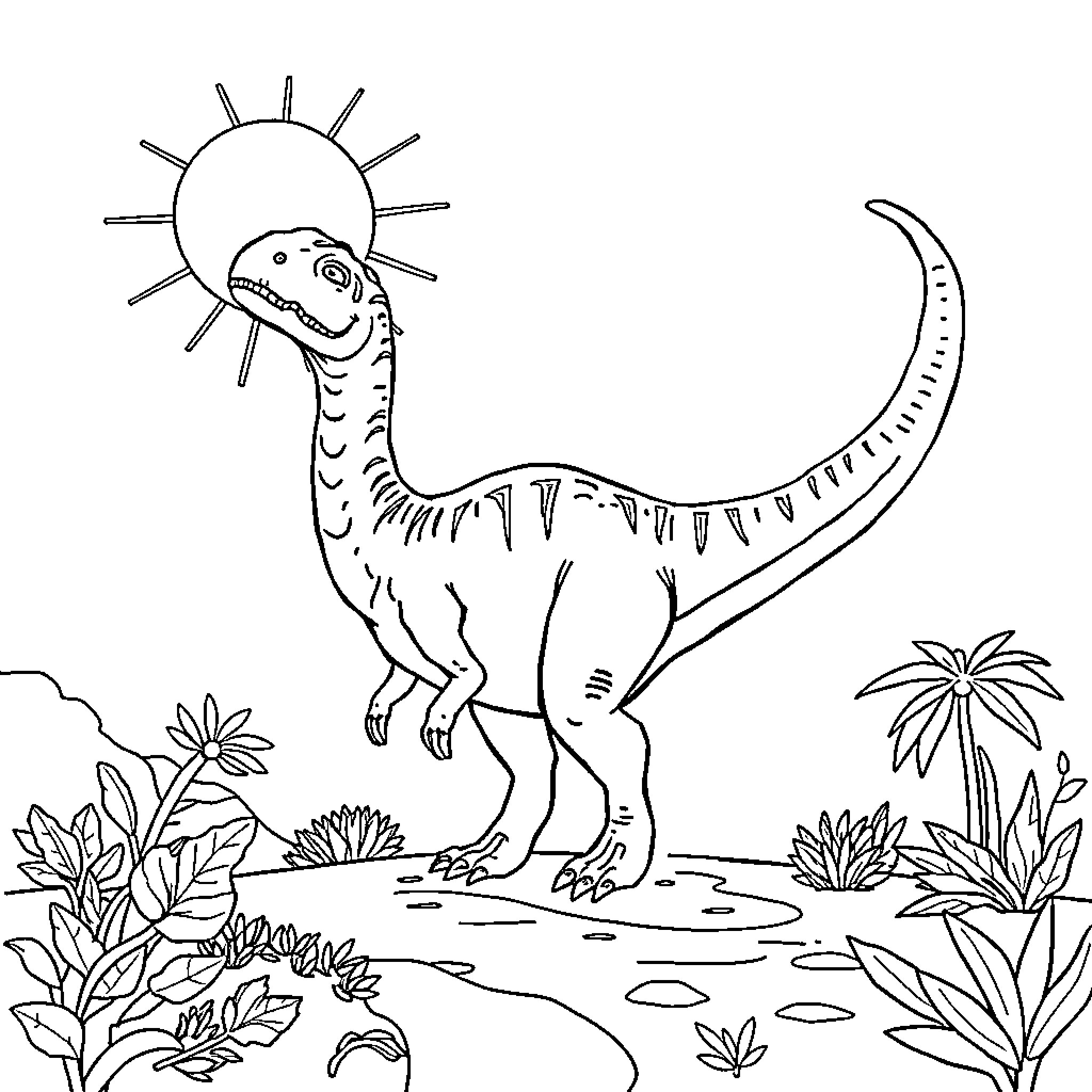 Dinosaur exploring lush prehistoric landscape Coloring Page (free black-and-white line drawing printable PDF for all, from beginners to advanced learners, including children, teens, adults, and seniors)