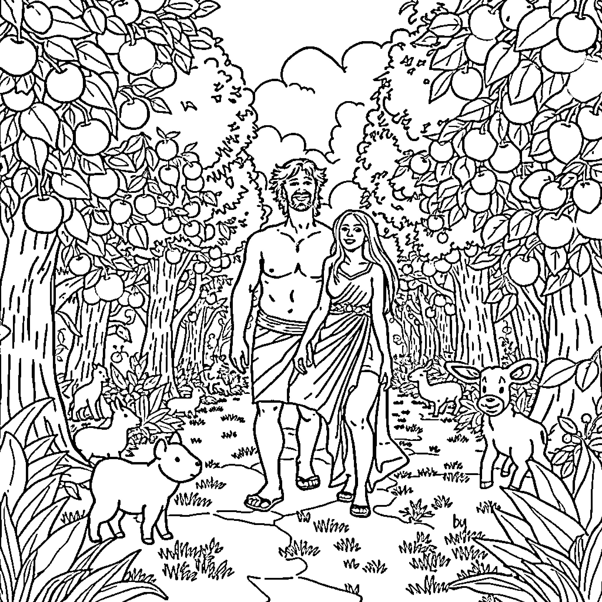 Adam and Eve explore the Garden of Eden Coloring Page (free black-and-white line drawing printable PDF for all, from beginners to advanced learners, including children, teens, adults, and seniors)