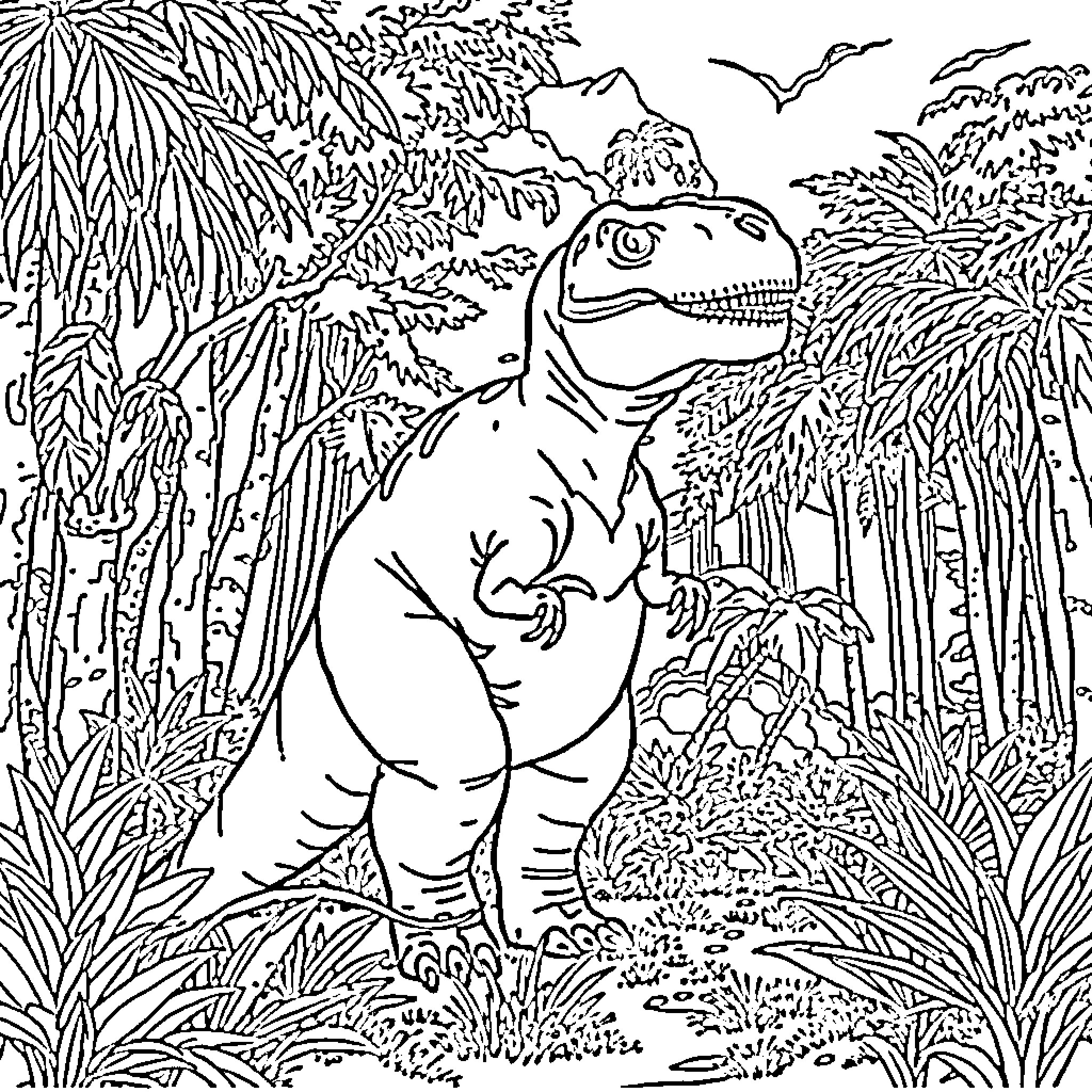 Dinosaur in the Lush Jungle Landscape Coloring Page (free black-and-white line drawing printable PDF for all, from beginners to advanced learners, including children, teens, adults, and seniors)