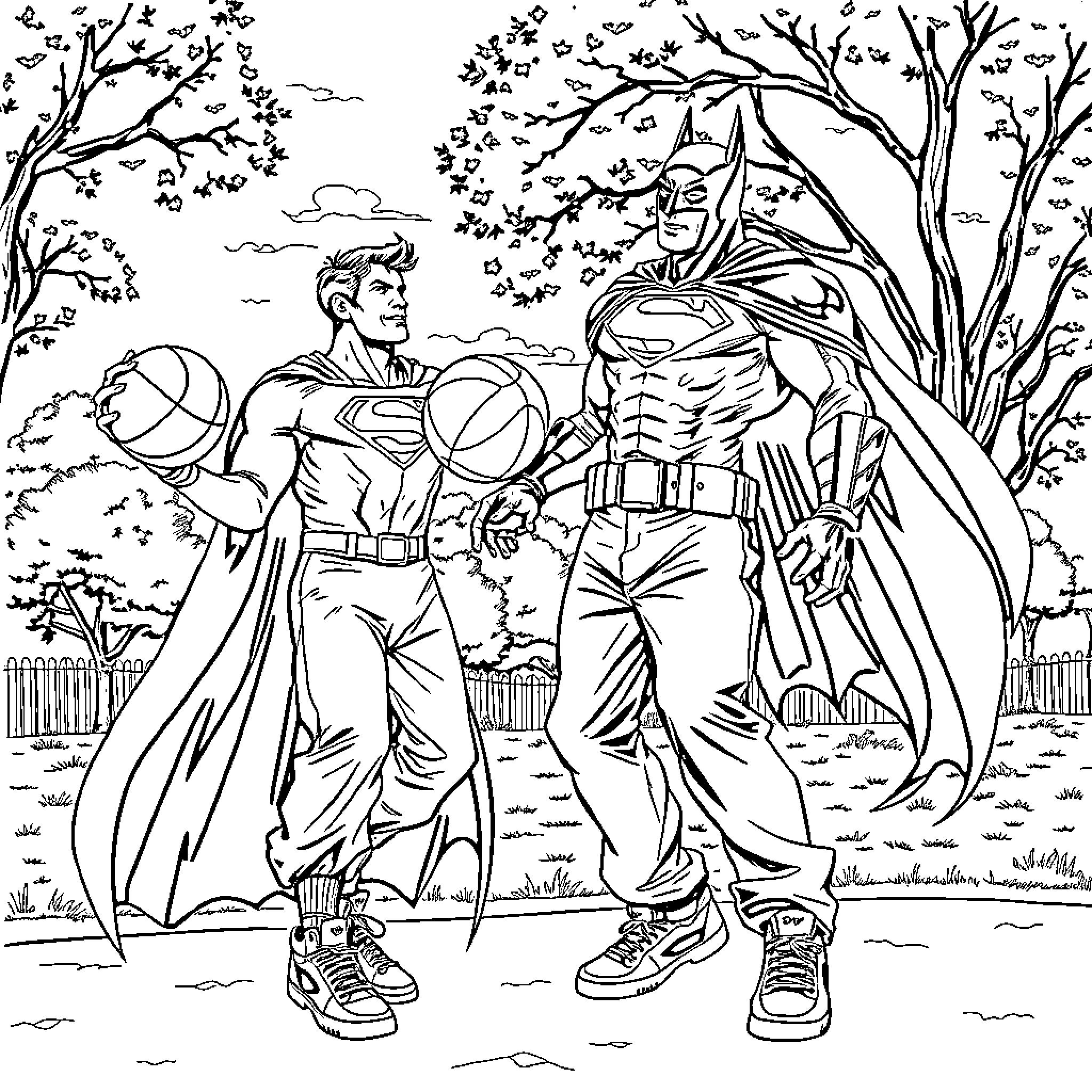 Superman and Batman in an action-packed scene Coloring Page (free black-and-white line drawing printable PDF for all, from beginners to advanced learners, including children, teens, adults, and seniors)