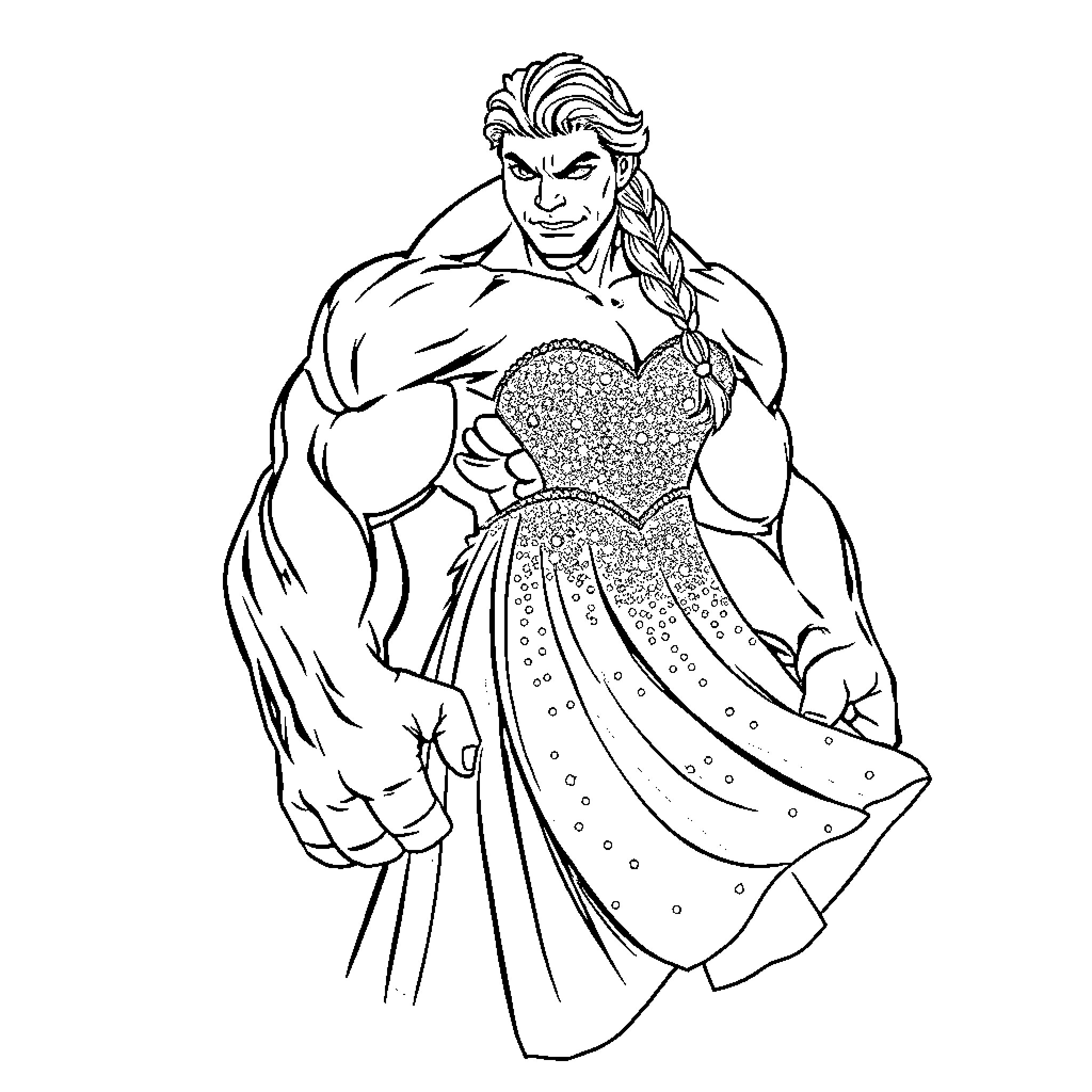 Hulk in a fancy dress twirling gracefully Coloring Page (free black-and-white line drawing printable PDF for all, from beginners to advanced learners, including children, teens, adults, and seniors)