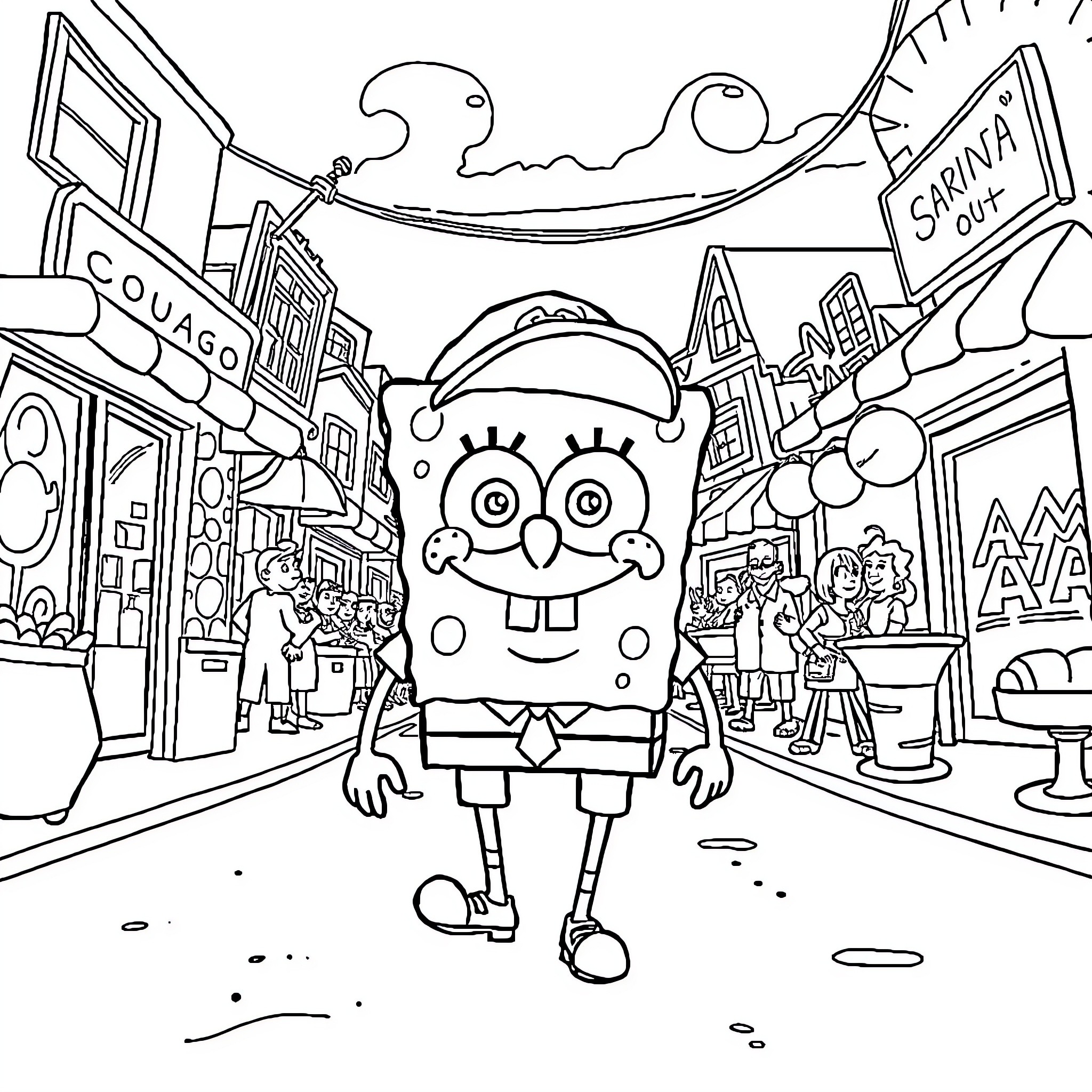Spongebob's Lively Adventure in the Vibrant City Coloring Page (free black-and-white line drawing printable PDF for all, from beginners to advanced learners, including children, teens, adults, and seniors)