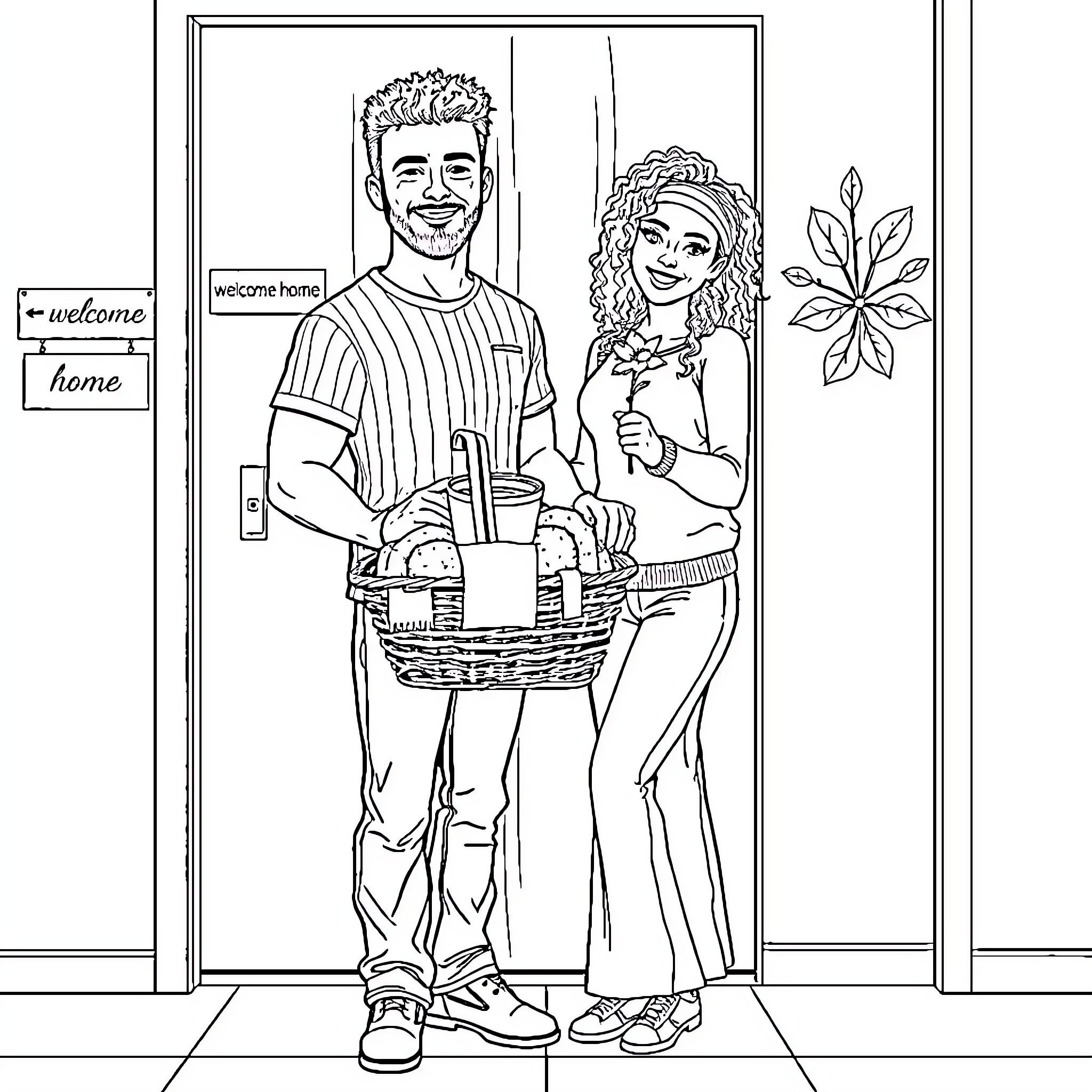 Couple Returning Home With Groceries Coloring Page (free black-and-white line drawing printable PDF for all, from beginners to advanced learners, including children, teens, adults, and seniors)